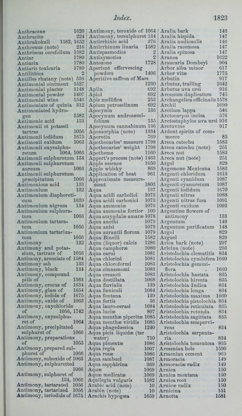 Anthracene Anthracite Anthrakokali Anthrenus (note) Anthriscus cerefolium Antiar Antiarin Antiaris toxicaria Antilithics 2 Antilles rhatany (note) 536 Antimonial ointment 1527 Antimonial plaster 1148 Antimonial powder 1407 Antimonial wine 1546 Antimoniate of quinia 312 Antimoniated hydro- gen 1582 Antimonic acid 133 Antimonii et potassii tartras 1056 Antimonii iodidum 1675 Antimonii oxidum 1063 Antimonii oxysulphu- retum 1064, 1066 Antimonii sulphuretum 134 Antimonii sulphuretum aureum 1066 Antimonii sulphuretum prsecipitatum 1066 Antimonious acid 133 Antimonium 132 Antimonium diaphoreti- cum 1639 Antimonium nigrum 134 Antimonium sulphura- tum 1066 Antimonium tartara- tum 1056 Antimonium tartariza- tum 1056 Antimony 132 Antimony and potas- sium, tartrate of 1056 Antimony, arseniate of 1584 Antimony ash 133 Antimony, black 134 Antimony, compound pills of 1364 Antimony, crocus of 1634 Antimony, glass of 1654 Antimony, iodide of 1675 Antimony, oxide of 1063 Antimony, oxychloride of 1056, 1742 Antimony, oxysulphu- ret of 1064 Antimony, precipitated sulphuret of 1066 Antimony, preparations of 1055 Antimony, prepared sul- phuret of 1066 Antimony, suboxide of 1063 Antimony, sulphuretted 1066 Antimony, sulphuret of 134, 1066 Antimony, tartarated 1056 Antimony, tartarized 1056 Antimony, teriodide of 1675 Antimony, teroxide of 1064 Antimony, tersulphuret 134 Antirrhinic acid 376 Antirrhinum linaria 1582 Antispasmodics 2 Antizymotics 2 Antozone 1728 Aperient effervescing powders 1406 Aperitive saffron of Mars 1230 Apiin 692 Apiol 692 Apis mellifica 253 Apium petroselinum 692 Apocynin 136 Apocynum androssemi- folium 135 Apocynum cannabinum 136 Apomorphia (note) 1334 Aporetin 769 Apothecaries’ measure 1798 Apothecaries’ weight 1798 Apotheme 1160 Appert’s process (note) 1463 Apple essence 1650 Apple whisky 869 Application of heat 961 Approximate measure- ment 1803 Aqua 137 Aqua acidi carbolici 1073 Aqua acidi carbonici 1073 Aqua ammonise 1076 Aqua ammonise fortior 109 Aqua amygdalse amarse 1078 Aqua anethi 1079 Aqua anisi 1079 Aqua aurantii florum 1079 Aqua Binelli 1582 Aqua (liquor) calcis 1286 Aqua camphorse 1080 Aqua carui 1081 Aqua chlorini 1081 Aqua chloroformi 1083 Aqua cinnamomi 1083 Aqua creasoti 1083 Aqua destillata 1068 Aqua fluvialis 139 Aqua foeniculi 1084 Aqua fontana 139 Aqua fortis 56 Aqua lauro-cerasi 1084 Aqua lucise 807 Aqua menthse piperitse 1085 Aqua menthse viridis 1085 Aqua phagedsenica 1240 Aqua picis liquidse (tar water) 710 Aqua pimentse 1086 Aqua regia 1007 Aqua rosse 1086 Aqua sambuci 1087 Aqua sapphirina 369 Aquse 1069 Aquse medicatae .1069 Aquilegia vulgaris 1582 Arabic acid (note) 10 Arabin (note) 10 Arachis hypogoea 1659 1620 224 1582, 1652 216 1582 1780 1780 1780 Aralia hark 146 Aralia hispida 147 Aralia nudicaulis 146 Aralia racemosa 147 Aralia spinosa 147 Aranea 1622 Araucaria Domheyi 904 Arbor alba minor 617 Arbor vitse 1775 Arbutin 917 Arbutus, trailing 1642 Arbutus uva ursi 916 Arcanum duplicatum 745 Archangelica officinalis 1578 Archil 1690 Arctium lappa 546 Arctocarpus incisa 576 Arctostaphylos uva ursi 916 Arctuvine 917 Ardent spirits of com- merce 85 Areca catechu 1583 Areca catechu (note) 251 Areca nut 1583 Areca nut (note) 251 Argel 829 Argemone Mexicana 1583 Argenti chloridum 1613 Argenti cyanidum 1087 Argenti cyanuretum 1087 Argenti iodidum 1670 Argenti nitras 1088 Argenti nitras fusa 1091 Argenti oxidum 1093 Argentine flowers of antimony 133 Argentum 148 Argentum purificatum 148 Argol 829 Arguel 829 Arica bark (note) 297 Aricina (note) 293 Aristolochia clematitis 834 Aristolochia cymbifera 1660 Aristolochia gemini- flora . 1660 Aristolochia hastata 835 Aristolochia hirsuta 835 Aristolochia Indica 834 Aristolochia longa 834 Aristolochia maxima 1660 Aristolochia pistolochia 834 Aristolochia reticulata 835 Aristolochia rotunda 834 Aristolochia sagittata 835 Aristolochia sempervi- rens 834 Aristolochia serpenta- ria 834 Aristolochia tomentosa 835 Armenian bole 1590 Armenian cement 969 Armoracia 149 Armoracise radix 149 Arnica 150 Arnica montana 150 Arnica root 150 Arnicse radix 150 Arnicina 151 Arnotta 1581