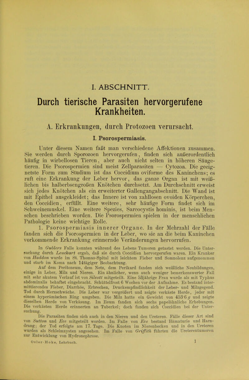 Durch tierische Parasiten hervorgerufene Krankheiten. A. Erkraiikimgen, diu’cli Protozoen Teriu-sackt. I. Psorospermiasis. Unter diesem Namen faßt man verschiedene Affektionen zusammen. Sie werden durch Sporozoen hervorgerufen, finden sich außerordentlich häufig in wirbellosen Tieren, aber auch nicht selten in höheren Säuge- tieren. Die Psorospermien sind meist Zellparasiten — Cytozoa. Die geeig- netste Form zum Studium ist das Coccidium oviforme des Kaninchens; es ruft eine Erkrankung der Leber hervor, das ganze Organ ist mit weiß- lichen bis halberbsengroßen Knötchen durchsetzt. Am Durchschnitt erweist sich jedes Knötchen als ein erweiterter Gallengangabschnitt. Die Wand ist mit Epithel ausgekleidet; das Innere ist von zahllosen ovoiden Körperchen, den Coccidien, erfüllt. Eine weitere, sehr häufige Form findet sich im Schweinemuskel. Eine weitere Spezies, Sarcocystis hominis, ist beim Men- schen beschrieben worden. Die Psorospermien spielen in der menschlichen Pathologie keine wichtige Rolle. 1. Psorospermiasis innerer Organe. In der Mehrzahl der Fälle fanden sich die Psorospermien in der Leber, wo sie an die beim Kaninchen vorkommende Erkrankung erinnernde Veränderungen hervorrufen. In Gublers Falle konnten während des Lebens Tumoren getastet werden. Die Unter- suchung durch Leuckart ergab, daß sie durch Coccidien hervorgerufen waren. Ein Kranker von Haddon wurde im St. Thomas-Spital mit leichtem Fieber und Somnolenz aufgenommen und starb im Koma nach 14tägiger Beobachtung. Auf dem Peritoneum, dem Netz, dem Perikard fanden sich weißliche Neubildungen, einige in Leber, Milz und Nieren. Ein ähnlicher, wenn auch weniger bemerkenswerter Fall mit sehr akutem Verlauf ist von Silcott mitgeteilt. Eine 53jährige Frau wurde als mit T^'phus abdominalis behaftet eingebracht. Schüttelfrost 6 Wochen vor der Aufnahme. Es bestand inter- mittierendes Fieber, Diarrhöe, Erbrechen, Druckempfindlichkeit der Leber- und Milzgegend. Tod durch Herzschwäche. Die Leber war vergrößert und zeigte verkäste Horde, jeder mit einem hyperämischen Ring umgeben. Die Milz hatte ein Gewicht von 453'6 ff und zeigte dieselben Herde von Verkäsung. Im Ileum fanden sich sechs papelähnliche Erhebungen. Die verkästen Herde erinnerten an Tuberkel; doch fanden sich Coccidien bei der Unter- suchung. Die Parasiten finden sich auch in den Nieren und den Ureteren. Fälle dieser Art sind von Sutton und Eve mitgeteilt worden. Im Falle von Eve bestand Hämaturie und Harn- drang; der Tod erfolgte am 17. Tage. Die Knoten im Nierenbecken und in den Ureteren wurden als Schleimzysten angesehen. Im Falle von Griffith führten die Ureterentumoren zur Entwicklung von Hydronephrose. Osler-Hoke, Lehrbuch. 1