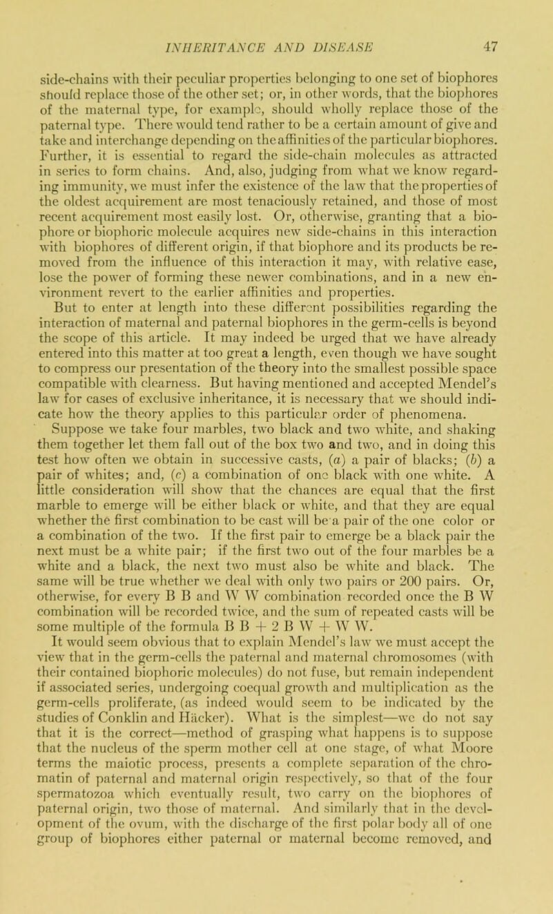 side-chains with their peculiar properties belonging to one set of biophorcs should re{)lacc those of the other set; or, in other words, that the biophores of the maternal type, for example, should wholly replace those of the paternal type. There would tend rather to be a certain amount of give and take and interchange depending on the affinities of the particular biophores. Further, it is essential to regartl the side-chain molecules as attracted in series to form chains. And, also, judging from what we know regard- ing immunity, we must infer the existence of the law that the properties of the oldest acquirement are most tenaciously retained, and those of most recent acquirement most easily lost. Or, otherwise, granting that a bio- phore or biophoric molecule acquires new side-chains in this interaction with biophores of different origin, if that biophore and its products be re- moved from the influence of this interaction it may, with relative ease, lose the power of forming these newer combinations, and in a new en- vironment revert to the earlier affinities and properties. But to enter at length into these different possibilities regarding the interaction of maternal and paternal biophores in the germ-cells is beyond the scope of this article. It may indeed be urged that we have already entered into this matter at too great a length, even though we have sought to compress our presentation of the theory into the smallest possible space compatible with clearness. But having mentioned and accepted Mendel’s law for cases of exclusive inheritance, it is necessary that we should indi- cate how the theory applies to this particula.r order of phenomena. Suppose we take four marbles, two black and two white, and shaking them together let them fall out of the box two and two, and in doing this test how often we obtain in successive casts, (a) a pair of blacks; (b) a pair of whites; and, (c) a combination of one black with one white. A little consideration will show that the chances are equal that the first marble to emerge will be either black or white, and that they are equal whether the first combination to be cast will be a pair of the one color or a combination of the two. If the first pair to emerge be a black pair the next must be a white pair; if the first two out of the four marbles be a white and a black, the next two must also be white and black. The same will be true whether we deal with only two pairs or 200 pairs. Or, otherwise, for every B B and W W combination recorded once the B W combination will be recorded twice, and the sum of repeated casts will be some multiple of the formula B B + 2 B W + W W. It would seem obvious that to explain Mendel’s law we must accept the view that in the germ-cells the paternal and maternal chromosomes (with their contained biophoric molecules) do not fuse, but remain independent if associated series, undergoing coequal growth and multiplication as the germ-cells proliferate, (as indeed would seem to be indicated by the studies of Conklin and Hacker). What is the simplest—we do not say that it is the correct—method of grasping what happens is to suppose that the nucleus of the sperm mother cell at one stage, of what Moore terms the maiotic process, presents a complete separation of the chro- matin of paternal and maternal origin resjjcctivcly, so that of the four spermatozoa which eventually result, two carry on the bio])hores of paternal origin, two those of maternal. And similarly that in the devel- opment of the ovum, with the discharge of the finst ])olar body all of one group of biophores either paternal or maternal become removed, and