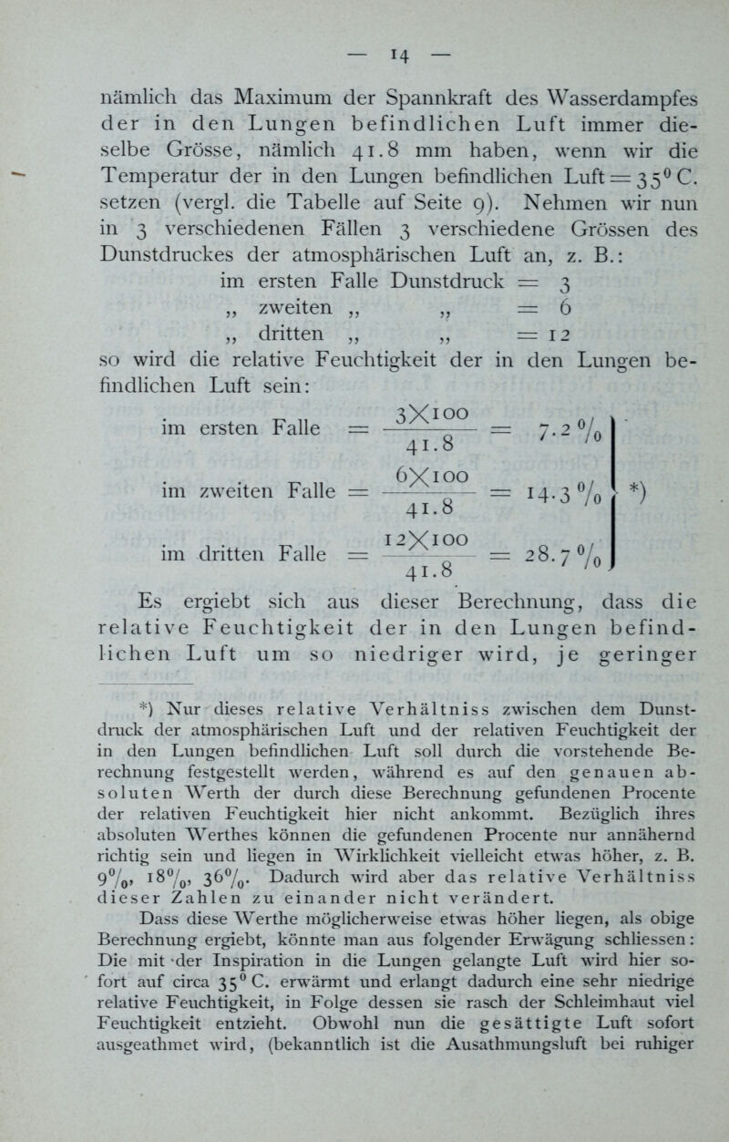 nämlich das Maximum der Spannkraft des Wasserdampfes der in den Lungen befindlichen Luft immer die- selbe Grösse, nämlich 41.8 mm haben, wenn wir die Temperatur der in den Lungen befindlichen Luft = 35°C. setzen (vergl. die Tabelle auf Seite 9). Nehmen wir nun in 3 verschiedenen Fällen 3 verschiedene Grössen des Dunstdruckes der atmosphärischen Luft an, z. B.: im ersten Falle Dunstdruck = 3 „ zweiten „ „ = 6 „ dritten „ „ =12 so wird die relative Feuchtigkeit der in den Lungen be- findlichen Luft sein: im ersten Falle = im zweiten Falle = 3X100 41.8 6X100 41.8 7-2% 14-3% *) im dritten Falle 12X100 41.8 28.7% Es ergiebt sich aus dieser Berechnung, dass die relative Feuchtigkeit der in den Lungen befind- lichen Luft um so niedriger wird, je geringer *) Nur dieses relative Verhältniss zwischen dem Dunst- dmck der atmosphärischen Luft und der relativen Feuchtigkeit der in den Lungen befindlichen Luft soll durch die vorstehende Be- rechnung festgestellt werden, während es auf den genauen ab- soluten Werth der durch diese Berechnung gefundenen Procente der relativen Feuchtigkeit hier nicht ankommt. Bezüglich ihres absoluten Werthes können die gefundenen Procente nur annähernd richtig sein und liegen in Wirklichkeit vielleicht etwas höher, z. B. 9°/0, i8°/0, 36°/0. Dadurch wird aber das relative Verhältniss dieser Zahlen zu einander nicht verändert. Dass diese Werthe möglicherweise etwas höher liegen, als obige Berechnung ergiebt, könnte man aus folgender Erwägung schliessen: Die mit -der Inspiration in die Lungen gelangte Luft wird hier so- fort auf circa 350 C. erwärmt und erlangt dadurch eine sehr niedrige relative Feuchtigkeit, in Folge dessen sie rasch der Schleimhaut viel Feuchtigkeit entzieht. Obwohl nun die gesättigte Luft sofort ausgeathmet wird, (bekanntlich ist die Ausathmungsluft bei ruhiger