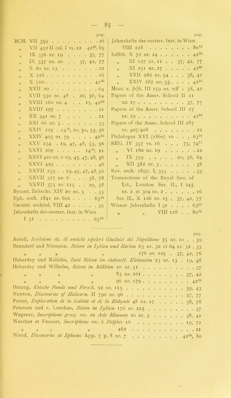 PaS- BCH. VII 359 26 „ VII 452 II coi. I VS. 12 423«, 65 • IX 336 nr. 19 .... 37, 77 , IX 337 nr. 20 . . 37, 42, 77 „ X 60 nr. 13 22 „ X 216 16 „ X 5ID 4236 „ XVII 20 64 „ XVII 550 nr. 4S . 20, 56, 64 „ XVIII 160 nr. 4 . . 15, 4236 „ XVIIT 197 21 , XX 341 nr. 7 21 , XXI 66 nr. 3 33 » XXIV 225 . I4'0, 20, 50, 53, 56 » XXIV 403 nr. 79 . . . . 4236 » XXV 234 . 19, 47, 48, 53, 56 , XXVI 269 1410, 21 . XXVI 420 nr. 2 19, 45, 47, 48, 56 „ XXVI 429 46 „ XXVII 233 . . 19,45,47,48,56 „ XXVII 317 nr. 6 . . . 38, 78 » XXVII 375 nr. 115 . . 29, 3S Byzant. Zeitschr. XIV 20 nr. 5 . . 33 Eph. arch. 1841 nr. 602 .... 63«« Gazette archeol. VIII 42 39 Jahreshefte des oesterr. Inst. in Wien I 31 63“ Pag- Jahreshefte des oesterr. Inst. in Wien VIII 128 . . . 80 7« IoHSt. X 72 nr. 24 . . . XI 127 nr. 11 . . 37. 42, 77 n XI 251 nr. 27 . . r> XVII 286 nr. 54 . • • 38, 42 rJ XXIV 287 nr. 33 . . . . 4236 Moua. x. (3i(3A. III 159 nr. t(D' . 38, 42 Papers of the Amer. School II 21 nr. 17 37. 77 Papers of the Amer. School III 27 nr. 29 4236 Papers of the Amer. School III 287 nr. 407/408 22 Philologus XVI (1860) 10 . . . 63«« REG. IV 357 vs. 16 . . . 73, 7471 „ VI 180 nr. 19 22 » IX 359 20, 56, 64 „ XII 382 nr. 3 38 Rev. arch. 1897, I, 355 33 Transactions of the Royal Soc. of Lit., London Ser. II., I 245 nr. 2 et 304 nr. 2 16 Ser. II., X 126 nr. 25 . 37, 42, 77 Wiener Jahreshefte I 31 ... . 63«« VIII 128 . . So7« PaS- Ascoli, Iscrizione etc. di antichi sepolcri Giudaici dei Napolitano 55 nr. 10 . .39 Benndorf und Niemann, Reisen in Lykien und Karien 63 nr. 30 et 64 nr. 32 . 33 » a » » 176 nr. 225 . 37, 42, 76 Heberdey und Kalinka, Zwei Reisen im sudwestl. Kleinasien 23 nr. 13 . 19, 48 Heberdey und Wilhelm, Reisen in Rilikien 20 nr. 51 37 a » „ „ 83 nr. 161 37. 42 » a A a 96 nr. 179 423« Herzog, Koische Funde und Forsch. 92 nr. 115 39. 43 Newton, Discoveries of Halicam. II 790 nr. 96 37, 77 Perrot, Exploration de la Galatie et de la Bithynie 48 nr. 27 38, 78 Petersen und v. Luschan, Reisen in Lykien 176 nr. 225 37 Wagener, Inscriptions grecq. rec. en Asie Mineure 20 nr. 3 38, 42 Wescher et Foucart, Inscriptions rec. a Delphes 16 19, 72 A n n A 462 21 Wood, Discoveries at Ephesus App. 7 p. 8 nr. 7 42 36, 80