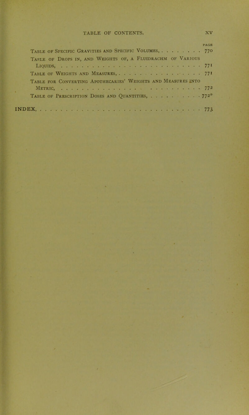 PAGE Table of Specific Gravities and Specific Volumes, 770 Table of Drops in, and Weights of, a Fluidrachm of Various Liquids, 77* Table of Weights and Measures, 77* Table for Converting Apothecaries’ Weights and Measures into Metric 772 I Table of Prescription Doses and Quantities, 772* INDEX, 77S