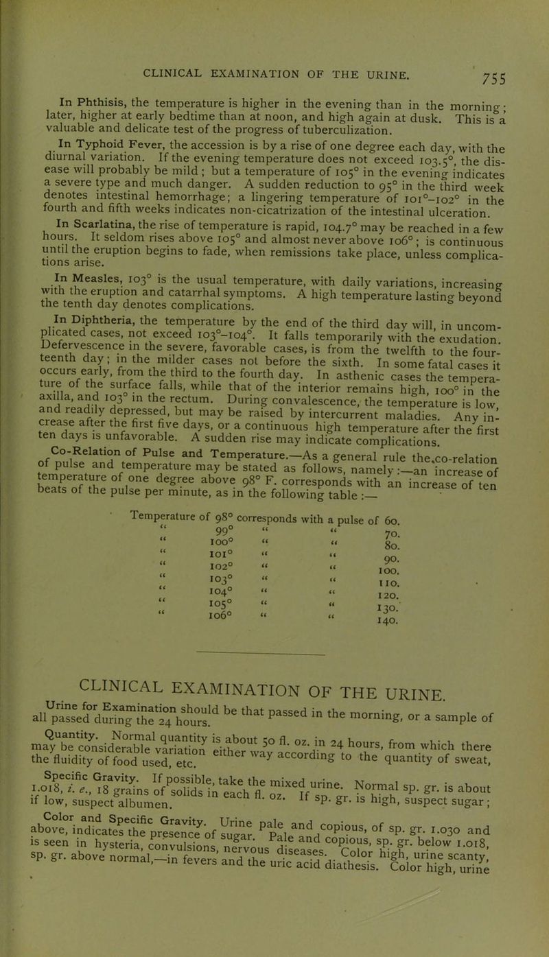In Phthisis, the temperature is higher in the evening than in the morning; later, higher at eply bedtime than at noon, and high again at dusk. This is a valuable and delicate test of the progress of tuberculization. In Typhoid Fever, the accession is by a rise of one degree each day, with the diurnal variation. If the evening temperature does not exceed 103.5®’, the dis- ease will probably be mild ; but a temperature of 105® in the evening indicates a severe type and much danger. A sudden reduction to 95® in the third week denotes intestinal hernorrhage; a lingering temperature of ioi®-io2® in the fourth and fifth weeks indicates non-cicatrization of the intestinal ulceration. In Scarlatina, the rise of temperature is rapid, 104.7® may be reached in a few hours. It seldom rises above 105® and almost never above 106® ; is continuous until the eruption begins to fade, when remissions take place, unless comolica- tions arise. r- . y In Measles, 103® is the usual temperature, with daily variations, increasing- with the eruption and catarrhal symptoms. A high temperature lasting beyond the tenth day denotes complications. ^ In Diphtheria, the temperature by the end of the third day will, in uncom- plicated cases, not exceed io3®-io4®. It falls temporarily with the exudation Defervescence in the severe, favorable cases, is from the twelfth to the four- teenth day: m the milder cases not before the sixth. In some fatal cases it occurs early, from the third to the fourth day. In asthenic cases the tempera- ture of the surface falls, while that of the interior remains high, 100® iif the axilla, and 103 in the rectum. During convalescence, the temperature is low and readily depressed, but may be raised by intercurrent maladies. Anv in- first five days, oi* a continuous high temperature after the^first ten days is unfavorable. A sudden rise may indicate complications. Co-Relation of Pulse and Temperature.—As a general rule the co-relation of pulse and temperature may be stated as follows, namely -—an 'increase of temperature of one degree above 98” F. corresponds with an in?reLe of ten beats of the pulse per minute, as in the following table : Temperature of 98® corresponds with a pulse of 60. 99° (( t< 70. 100® (( a 80. lOI® H c< 90. 102® (( 100. 103® <( << 110. 104° a 120. 105° 106® f{ a (( 130. 140. CLINICAL EXAMINATION OF THE URINE all^pts^fdurLTih^tVotl' - - --P'e of ma%%c?„sid”rX vlriatio^^^ ““eh there the fluidity of food used, etc. according to the quantity of sweat, if^sX“tirtcV fl' oTifT if low, suspect albumen. ‘ ‘ suspect sugar; above, mdicattrthe%esenc?'o^ *’paIe^a'^H'^°’’‘°“*’ IS seen in hysteria, c‘^s„v„lsfons „|rvous &^^^ ‘-“'S. sp. gr. above no„nal,-i„ fevers and the urira'cfd kia*ti;foioTigh,'nr&