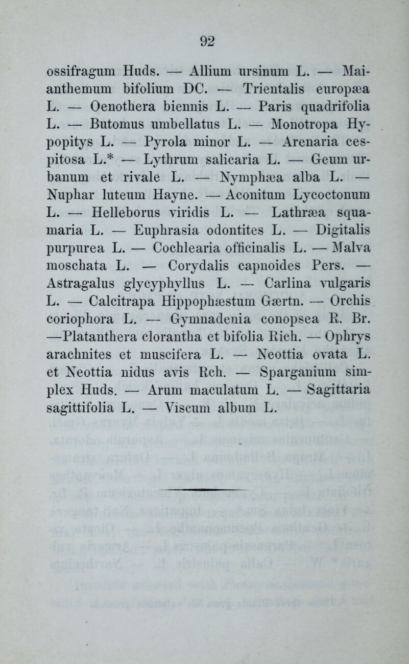 ossifragum Huds. — Allium ursinum L. — Mai- antliemum bifolium DC. — Trientalis europsea L. — Oenothera biennis L. — Paris quadrifolia L. — Butomus umbellatus L. — Monotropa Hy- popitys L. — Pyrola minor L. — Arenaria ces- pitosa L.* — Lythrum salicaria L. — Geum ur- banum et rivale L. — Nymphsea alba L. — Nuphar luteum Hayne. — Aconitum Lycoctonum L. — Helleborus viridis L. — Lathrma squa- maria L. — Euphrasia odontites L. — Digitalis purpurea L. — Cochlearia officinalis L. — Malva moschata L. — Corydalis capnoides Pers. — Astragalus glycyphvllus L. — Carlina vulgaris L. — Calcitrapa Hippophsestum Gsertn. — Orchis coriophora L. — Gymnadenia conopsea R. Br. —Platanthera clorantha et bifolia Rich. — Ophrys arachnites et muscifera L. — Neottia ovata L. et Neottia nidus avis Rch. — Sparganium sim- plex Huds. — Arum maculatum L. — Sagittaria sagittifolia L. — Viscum album L.