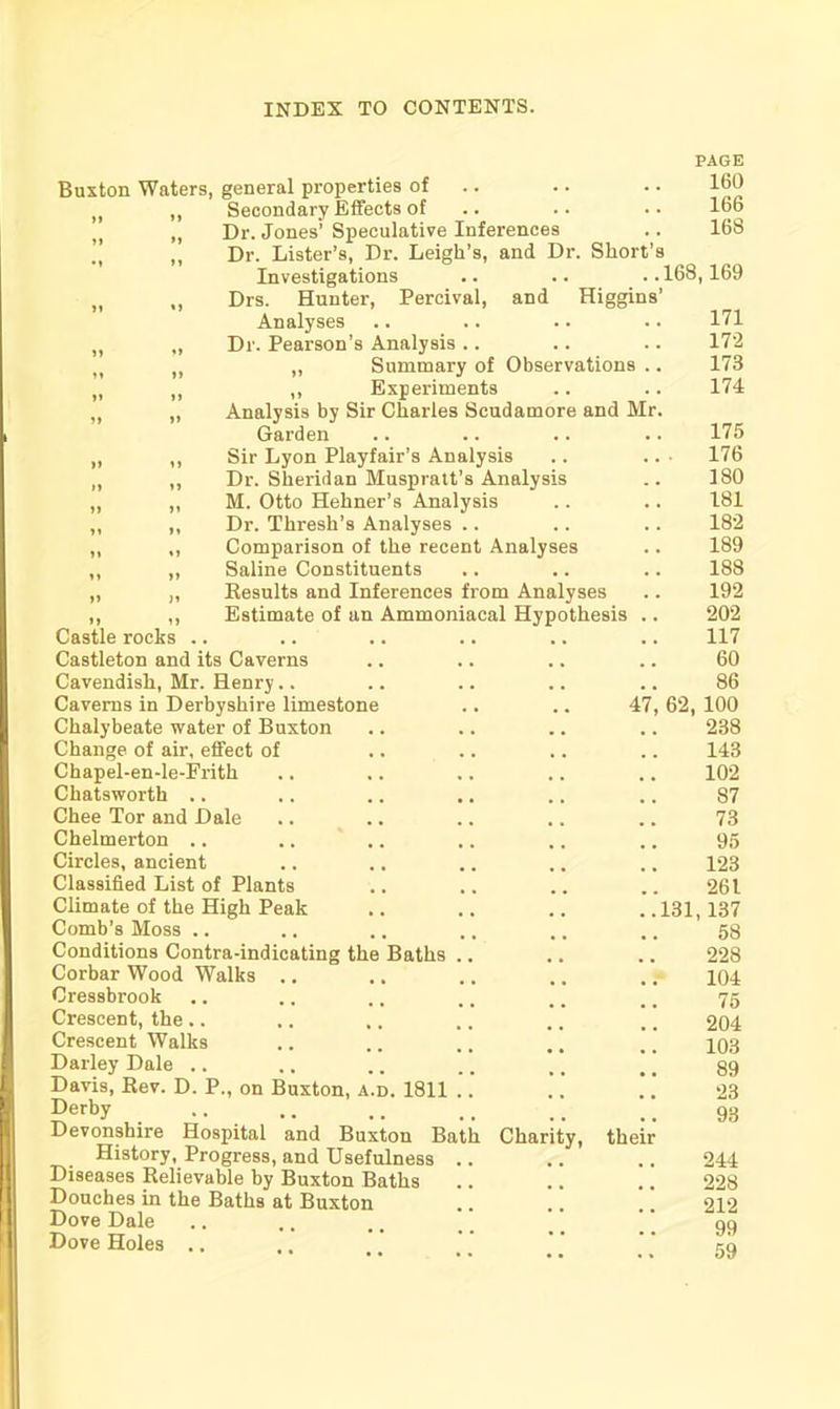 Buxton Waters, general properties of n ,, Secondary Effects of it „ Dr. Jones’ Speculative Inferences „ Dr. Lister’s, Dr. Leigh’s, and Dr. Shor Investigations „ „ Drs. Hunter, Percival, and Higgin Analyses ,, „ Dr. Pearson’s Analysis .. „ ,, ,, Summary of Observations „ ,, ,, Experiments ,, ,, Analysis by Sir Charles Scudamore and M Garden „ ,, Sir Lyon Playfair’s Analysis „ ,, Dr. Sheridan Muspratt’s Analysis „ ,, M. Otto Hehner’s Analysis ,, ,, Dr. Thresh’s Analyses .. ,, ,, Comparison of the recent Analyses ,, ,, Saline Constituents „ „ Results and Inferences from Analyses ,, ,, Estimate of an Ammoniacal Hypothesis Castle rocks .. Castleton and its Caverns Cavendish, Mr. Henry.. Caverns in Derbyshire limestone .. .. 47 Chalybeate water of Buxton Change of air, effect of Chapel-en-le-Frith Chatsworth .. Chee Tor and Dale Chelmerton .. Circles, ancient Classified List of Plants Climate of the High Peak Comb’s Moss .. Conditions Contra-indicating the Baths Corbar Wood Walks Cressbrook Crescent, the.. Crescent Walks Darley Dale .. Davis, Rev. D. P., on Buxton, a.d. 1811 Derby Devonshire Hospital and Buxton Bath Charity, their History, Progress, and Usefulness Diseases Relievable by Buxton Baths Douches in the Baths at Buxton Dove Dale Dove Holes .. PAGE 160 166 168 168,169 171 172 173 174 175 176 180 181 182 189 188 192 202 117 60 86 62, 100 238 143 102 87 73 95 123 261 131,137 58 228 104 75 204 103 89 23 93 244 228 212 99 59