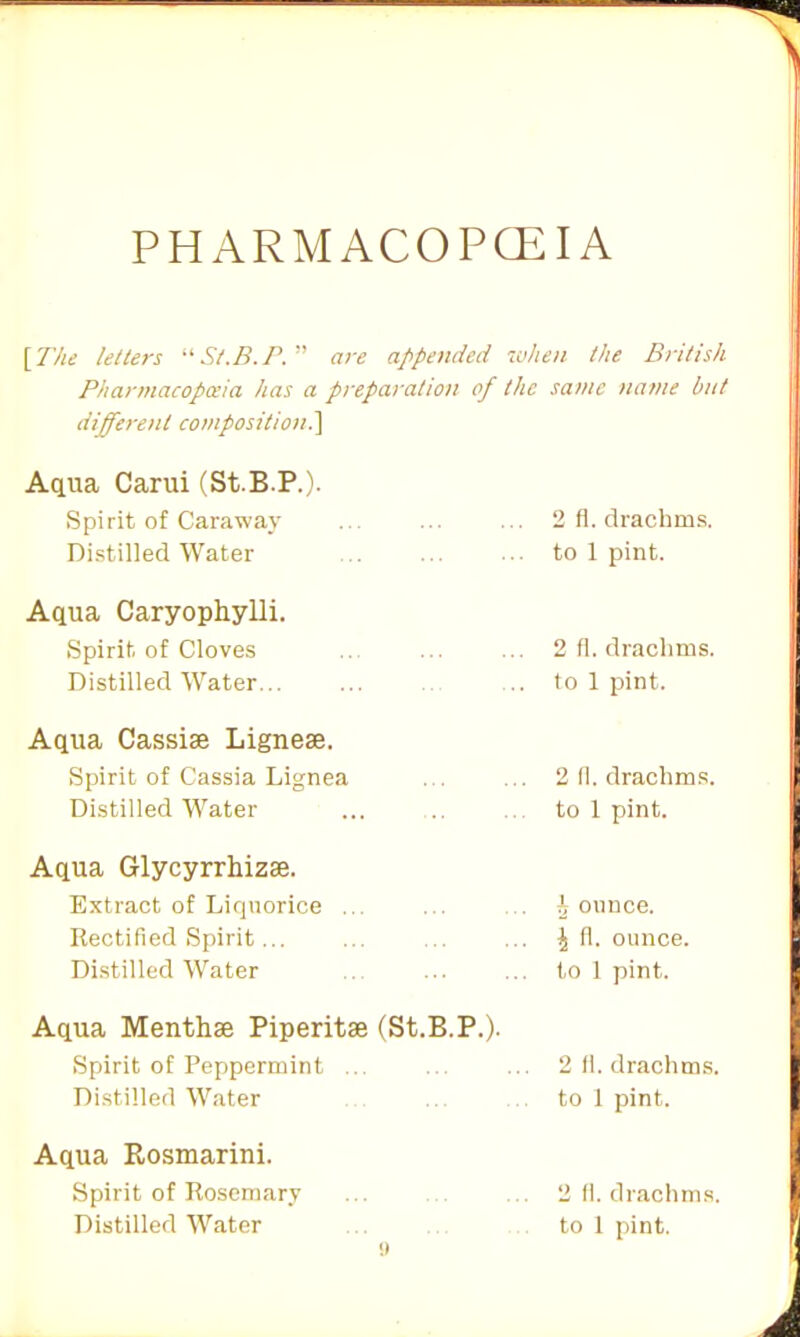 PHARMACOPCEIA [ The letters “ St.B.P. ” are appended when the British Pharmacopoeia has a preparation of the same name but different composition.] Aqua Carui (St.B.P.). Spirit of Caraway Distilled Water 2 fl. drachms, to 1 pint. Aqua Caryophylli. Spirit of Cloves Distilled Water... 2 fl. drachms, to 1 pint. Aqua Cassise Lignese. Spirit of Cassia Lignea Distilled Water 2 fl. drachms, to 1 pint. Aqua Glycyrrhizse. Extract of Liquorice ... Rectified Spirit... Distilled Water i ounce. \ fl. ounce, to 1 pint. Aqua Menthse Piperitse (St.B.P.). Spirit of Peppermint ... Distilled Water 2 fl. drachms, to 1 pint. Aqua Rosmarini. Spirit of Rosemary 2 fl. drachms,