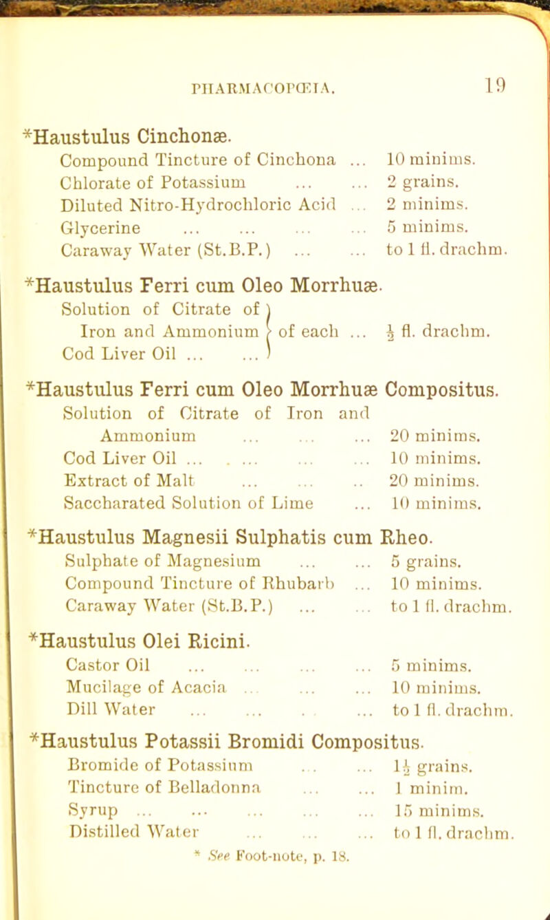 *Haustulus Cinchonse. Compound Tincture of Cinchona Chlorate of Potassium Diluted Nitro-Hydrochloric Acid Glycerine Caraway Water (St.B.P.) 10 minims. 2 grains. 2 minims. 5 minims, to 111. drachm. *Haustulus Ferri cum Oleo Morrhuae. Solution of Citrate of 1 Iron and Ammonium > of each ... ^ fl. drachm. Cod Liver Oil ... ... ) *Haustulus Ferri cum Oleo Morrhuae Compositus. Solution of Citrate of Iron and Ammonium Cod Liver Oil Extract of Malt Saccharated Solution of Lime 20 minims. 10 minims. 20 minims. 10 minims. *Haustulus Magnesii Sulphatis cum Rheo. Sulphate of Magnesium ... ... 5 grains. Compound Tincture of Rhubarb ... 10 minims. Caraway Water (St.B.P.) ... to 1 fl. drachm *Haustulus Olei Ricini. Castor Oil ... ... ... ... 5 minims. Mucilage of Acacia ... ... 10 minims. Dill Water ... ... ... to 1 fl. drachm *Haustulus Potassii Bromidi Compositus. Bromide of Potassium Tincture of Belladonna Syrup Distilled Water * See Foot-note, p. 18. 1A grains. 1 minim. 15 minims, to 1 fl. drachm