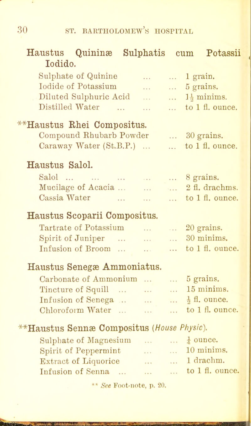 Haustus Quininae Sulphatis Iodido. Sulphate of Quinine Iodide of Potassium Diluted Sulphuric Acid Distilled Water cum Potassii ( 1 grain. 5 grains. minims, to 1 fl. ounce. **Haustus Rhei Compositus. Compound Rhubarb Powder Caraway Water (St.B.P.) ... 30 grains, to 1 fl. ounce. Haustus Salol. Salol ... Mucilage of Acacia .. Cassia Water 8 grains. 2 fl. drachms, to 1 fl. ounce. Haustus Scoparii Compositus. Tartrate of Potassium Spirit of Juniper Infusion of Broom ... 20 grains. 30 minims, to 1 fl. ounce. Haustus Senegae Ammoniatus. Carbonate of Ammonium ... Tincture of Squill Infusion of Senega .. Chloroform Water 5 grains. 15 minims. ^ fl. ounce, to 1 fl. ounce. **Haustus Sennae Compositus (House Physic). Sulphate of Magnesium ... ... Jounce. Spirit of Peppermint .. ... 10 minims. Extract of Liquorice ... ... 1 drachm. Infusion of Senna ... ... ... to 1 fl. ounce.