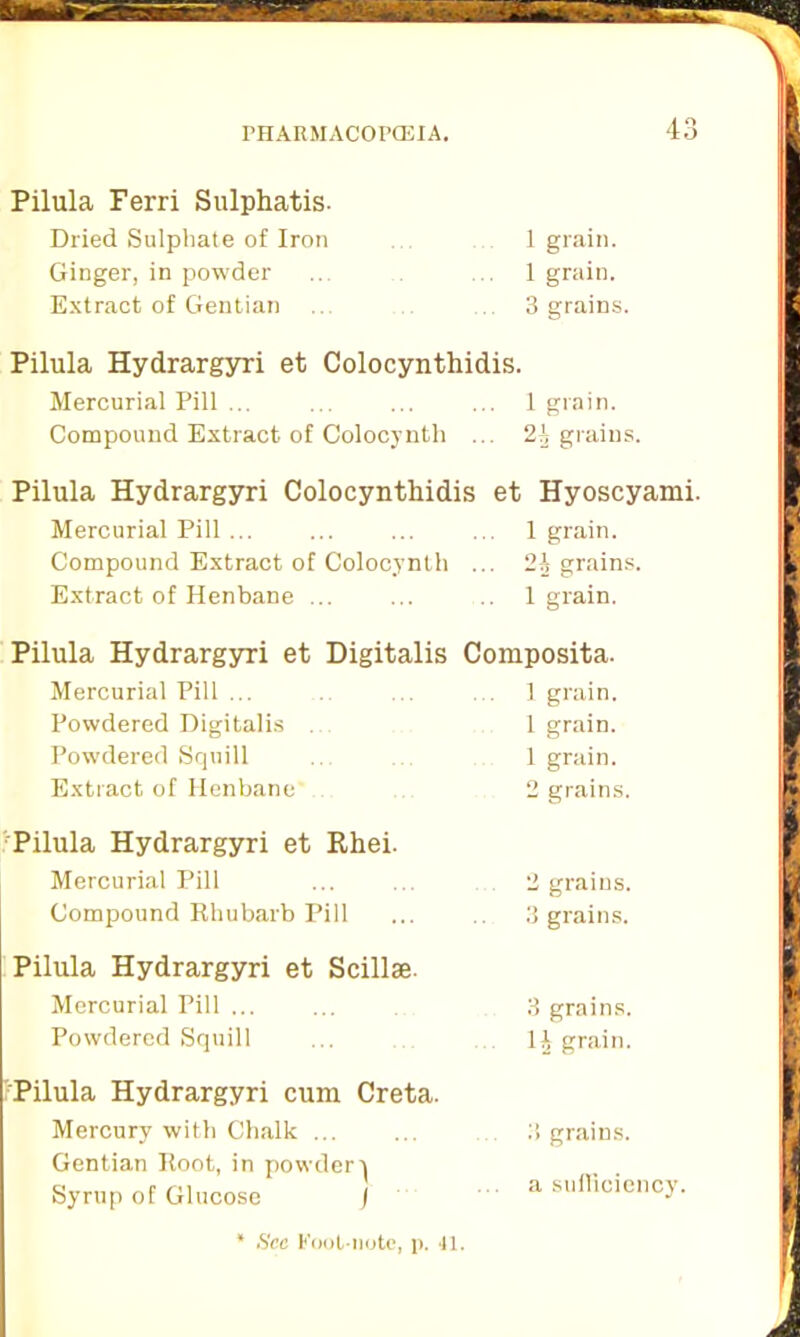 \ Pilula Ferri Sulphatis. Dried Sulpliale of Iron Ginger, in powder Extract of Gentian 1 grain. 1 grain. 3 grains, Pilula Hydrargyri et Colocynthidis. Mercurial Pill ... ... ... ... 1 grain. Compound Extract of Colocynth ... 24 grains. Pilula Hydrargyri Colocynthidis et Hyoscyami. Mercurial Pill ... ... ... ... 1 grain. Compound Extract of Colocynth ... 24 grains. Extract of Henbane ... ... .. 1 grain. Pilula Hydrargyri et Digitalis Composita. Mercurial Pill ... Powdered Digitalis Powdered Squill Extract of Henbane 1 grain. 1 grain. 1 grain. 2 grains Pilula Hydrargyri et Rhei. Mercurial Pill Compound Rhubarb Pill Pilula Hydrargyri et Scillse. Mercurial Pill ... Powdered Squill Pilula Hydrargyri cum Creta. Mercury with Chalk ... Gentian Root, in powdery Syrup of Glucose ) 2 grains. 3 grains. 3 grains. 14 grain. 3 grains, a sufficiency.