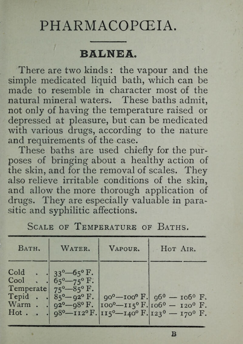 PHARMACOPOEIA. BALNEA. There are two kinds : the vapour and the simple medicated liquid bath, which can be made to resemble in character most of the natural mineral waters. These baths admit, not only of having the temperature raised or depressed at pleasure, but can be medicated with various drugs, according to the nature and requirements of the case. These baths are used chiefly for the pur- poses of bringing about a healthy action of the skin, and for the removal of scales. They also relieve irritable conditions of the skin, and allow the more thorough application of drugs. They are especially valuable in para- sitic and syphilitic affections. Scale of Temperature of Baths. Bath. Water. Vapour, Hot Air. Cold . . Cool . . Temperate Tepid . . Warm . . Hot . . . 33o_55o F# 650—750 F. 75°—850 F. 850—92°F. 920—980 F. 980— II2°F. 900—ioo° F. ioo°— ii5°F. 1150—1400 F. 960 — 1060 F. xo6° — 1200 F. 1230 — 1700 F. B
