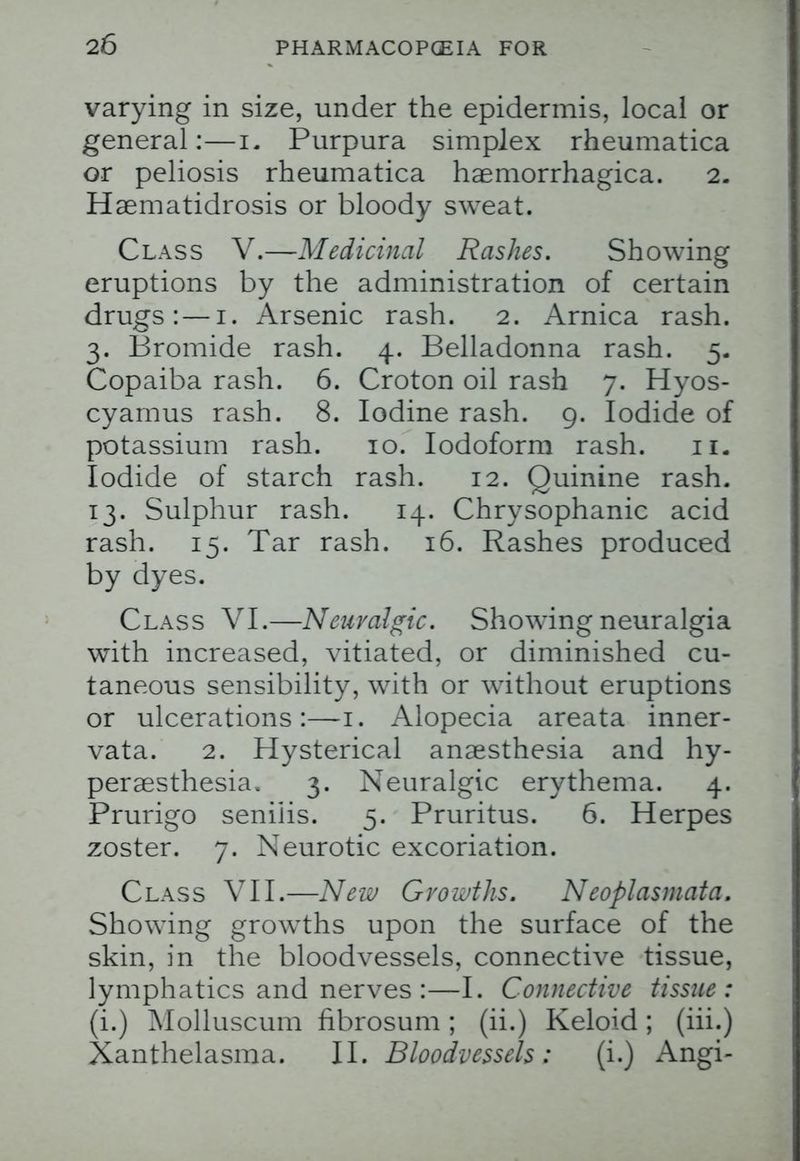 varying in size, under the epidermis, local or general:—i. Purpura simplex rheumatica or peliosis rheumatica hemorrhagica. 2. Haematidrosis or bloody sweat. Class V.—Medicinal Rashes. Showing eruptions by the administration of certain drugs:—1. Arsenic rash. 2. Arnica rash. 3. Bromide rash. 4. Belladonna rash. 5. Copaiba rash. 6. Croton oil rash 7. Hyos- cyamus rash. 8. Iodine rash. 9. Iodide of potassium rash. 10. Iodoform rash. 11. Iodide of starch rash. 12. Quinine rash. 13. Sulphur rash. 14. Chrysophanic acid rash. 15. Tar rash. 16. Rashes produced by dyes. Class VI.—Neuralgic. Showing neuralgia with increased, vitiated, or diminished cu- taneous sensibility, with or without eruptions or ulcerations:—-1. Alopecia areata inner- vata. 2. Hysterical anaesthesia and hy- peresthesia. 3. Neuralgic erythema. 4. Prurigo seniiis. 5. Pruritus. 6. Herpes zoster. 7. Neurotic excoriation. Class VII.—New Growths. Neoplasmata. Showing growths upon the surface of the skin, in the bloodvessels, connective tissue, lymphatics and nerves :—I. Connective tissue: (i.) Molluscum fibrosum; (ii.) Keloid; (hi.) Xanthelasma. II. Bloodvessels: (i.) Angi-
