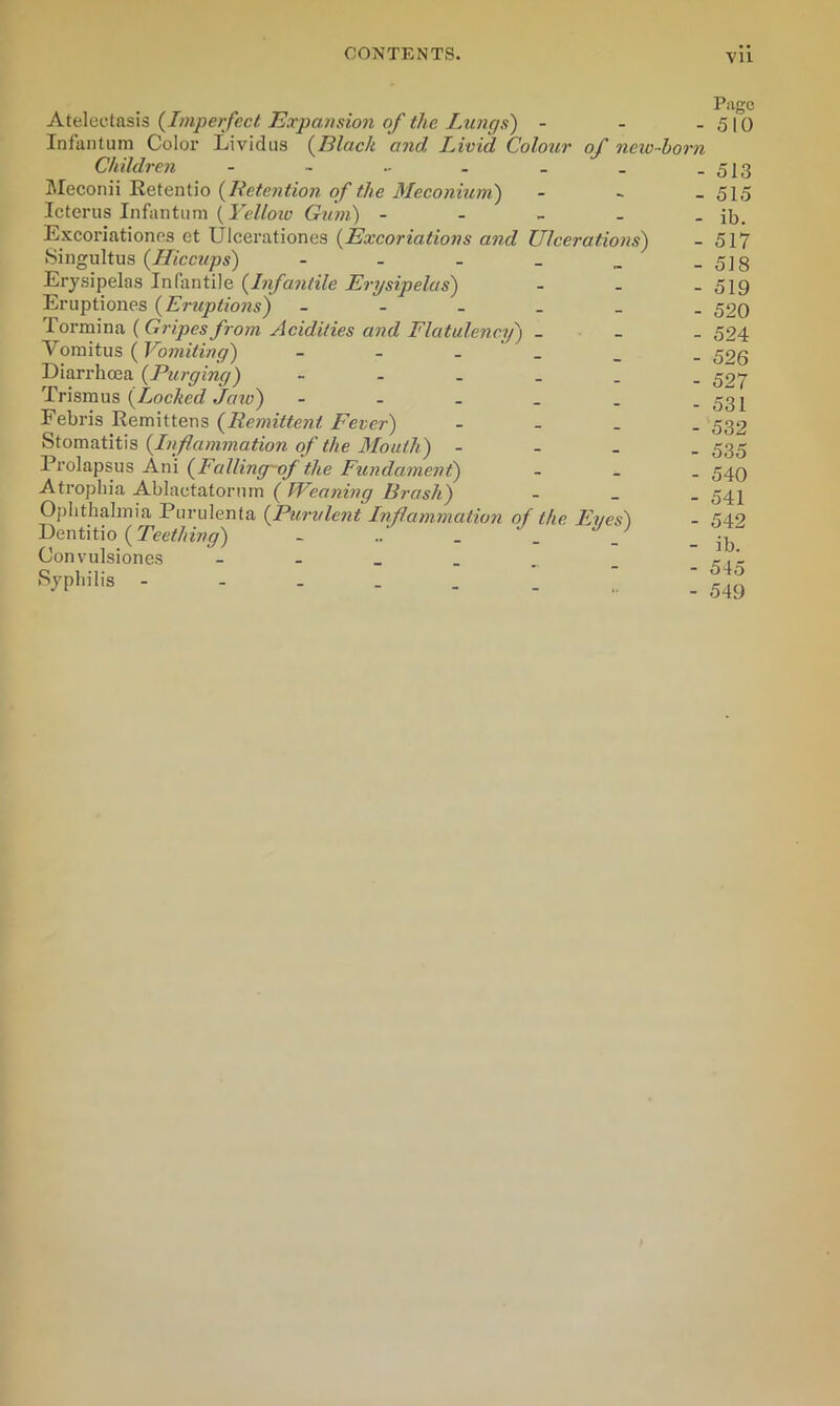 Vll Atelectasis (Imperfect Expansion of the Lungs) - Infantum Color Lividus (Black and Livid Colour of new- Children Meconii Retentio (Retention of the Meconium) Icterus Infantum (Yelloio Gum) - Excoriationes et Ulcerationes (Excoriations and Ulcerations) Singultus (Hiccups) - Erysipelas Infantile (Infantile Erysipelas) Eruptiones (Eruptions) - Tormina ( Gripes from Acidities and Flatulency) - Vomitus (Vomiting) - - - Diarrhoea (Purging) - Trismus {flocked Jaw) - Febris Remittens (Remittent Fever) - Stomatitis (Inflammation of the Mouth) - Prolapsus Ani (Falling'-of the Fundament) Atrophia Ablactatornm ( Weaning Brash) Ophthalmia Purulenfa (Purulent Lnflammcition of the Eyes') Dentitio ( Teething) Convulsiones Syphilis Page - 510 rn - 513 - 515 - ib. - 517 - 518 - 519 - 520 - 524 - 526 - 527 - 531 - 532 - 535 - 540 - 541 - 542 - ib. - 545 - 549