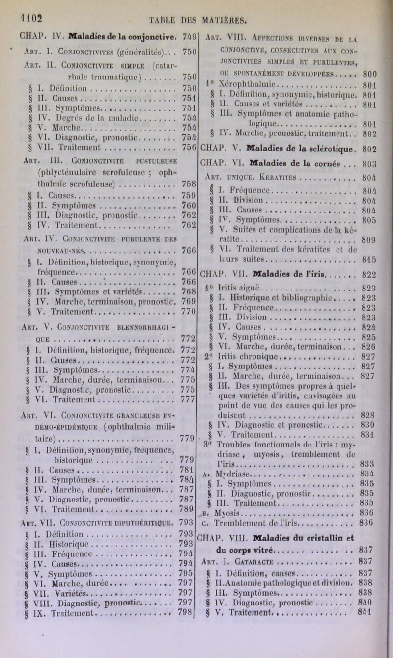 CHAP. IV. Maladies de la conjonctive. Art. I. Conjonctivites (généralités)... Art. 11. Conjonctivite simple (catar- rhale traumatique) § 1. Définition § II. Causes § III. Symptômes § IV. Degrés de la maladie........ § V. Marche § VI. Diagnostic, pronostic § VII. Traitement Art. III. Conjonctivite pustuleuse (phlycténulaire scrofuleuse ; oph- thalmie scrofuleuse) § 1. Causes § II. Symptômes § III. Diagnostic, pronostic § IV. Traitement Art. IV. Conjonctivite purulente des nouveau-nés § I. Définition,historique, synonymie, fréquence g II. Causes '. § III. Symptômes et variétés § IV. Marche, terminaison, pronostic. § V. Traitement Art. V. Conjonctivite blenxorrhagi - que § 1. Définition, historique, fréquence. § II. Causes § III. Symptômes § IV. Marche, durée, terminaison... § V. Diagnostic, pronostic § VI. Traitement Art. VI. Conjonctivite granuleuse en- démo-épidémIque (ophtlialmic mili- taire) § 1. Définition,synonymie, fréquence, historique 8 II. Causes !.. g III. Symptômes § IV. Marche, durée, terminaison., . § V. Diagnostic, pronostic § VI. Traitement. Art. VII. Conjonctivite diphtiiéritique. § 1. Définition § II. Historique g III. Fréquence § IV. Causes § V. Symptômes g VI. Marche, durée § Vil. Variétés § VIII. Diagnostic, pronostic g IX. Traitement Art. VIII. Afeections diverses de la CONJONCTIVE, CONSÉCUTIVES AUX CON- JONCTIVITES SIMPLES ET PURULENTES, OU SPONTANÉMENT DÉVELOPPÉES 800 1° Xérophthalmie 801 g 1. Définition, synonymie, historique. 801 g II. Causes et variétés 801 g III. Symptômes et anatomie patho- logique 801 § IV. Marche, pronostic, traitement. . 802 CHAP. A . Maladies de la sclérotique. 802 CHAP. VI. Maladies de la cornée . . . 803 Art. unique. Kératites 804 $ I. Fréquence 804 g II. Division 804 g III. Causes 804 g IV. Symptômes 805 g V. Suites et complications de la ké- ratite 809 § VI. Traitement des kératites et de leurs suites 815 CHAP. VII. Maladies de l’iris 822 1° Iritis aiguë 823 g I. Historique et bibliographie 823 g II. Fréquence 823 g III. Division 823 g IV. Causes 824 g V. Symptômes.... 825 g VI. Marche, durée, terminaison... 826 2° Iritis chronique 827 g I. Symptômes 827 g II. Marche, durée, terminaison... 827 g III. Des symptômes propres à quel- ques variétés d’iritis, envisagées au point de vue des causes qui les pro- duisent 828 g IV. Diagnostic et pronostic 830 g V. Traitement 831 3 Troubles fonctionnels de l’iris : my- driase , myosis, tremblement de l’iris 833 a. Mydriase 834 g I. Symptômes 833 g II. Diagnostic, pronostic 835 g III. Traitement. 835 a. Myosis 836 c. Tremblement de l'Iris 836 CHAP. VIII. Maladies du cristallin et du corps vitré 837 Art. I. Cataracte 837 g I. Définition, causes 837 g II.Anatomie pathologique et division. 838 § III. Symptômes 838 § IV. Diagnostic, pronostic 840 g V. Traitement. 841 749 750 750 750 751 751 754 754 754 756 758 759 760 762 762 766 766 766 768 769 770 772 772 772 774 775 775 777 779 779 781 781\ 787 787 789 793 793 793 794 794 795 797 797 797 798