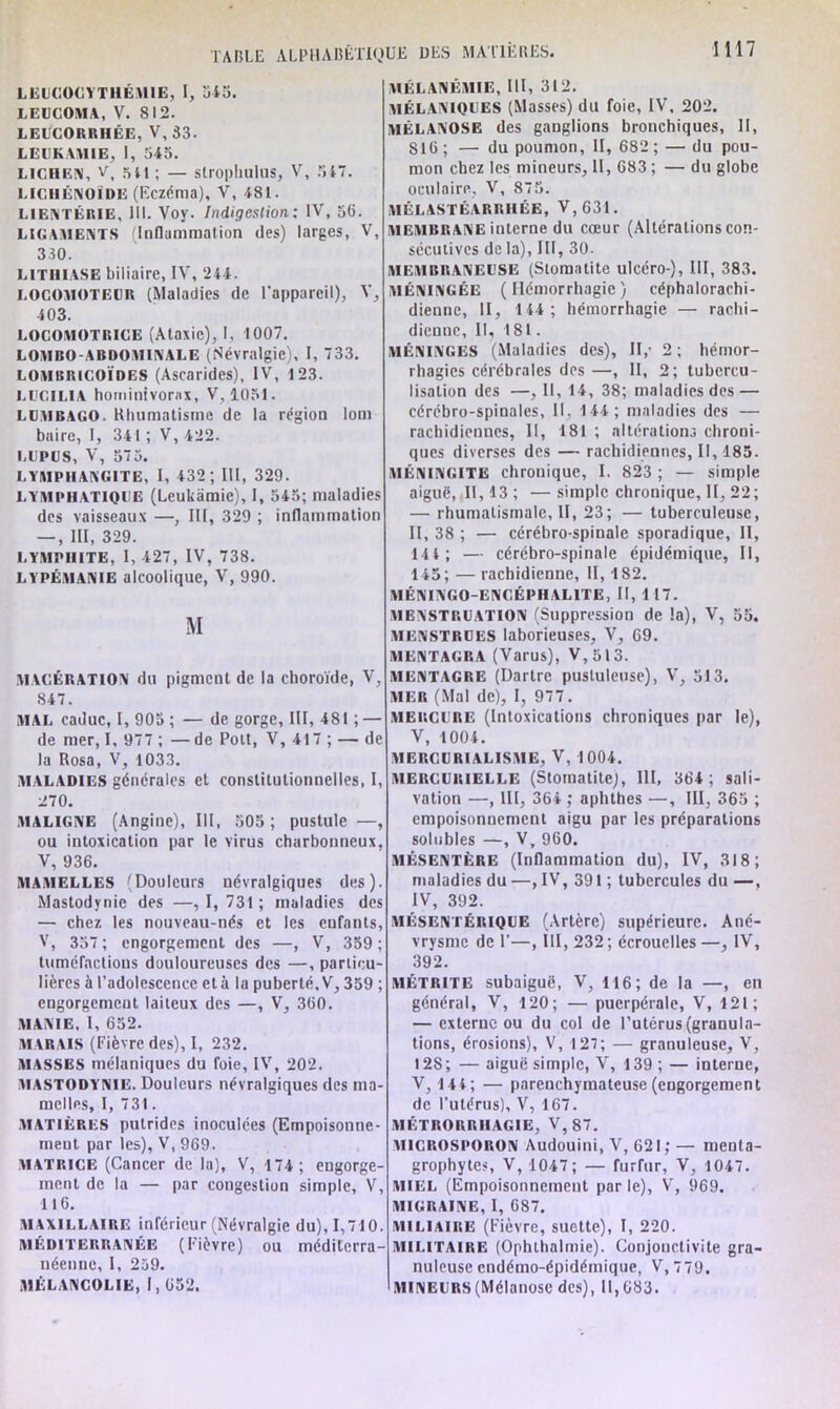 LEUCOGYTHÉAllE, I, 543. LEUCOMA, V. 812. LEUCORRHÉE, V, 33. LEUKAMIE, I, 545. LICHEN, V, 5il ; — strophulus, V, 547. LICHÉNOÏDE (Eczéma), V, 481. LlENTÉRIE, 111. Voy. Indigestion; IV, 56. LIGAMENTS (Inflammation des) larges, V, 330. LITHIASE biliaire, IV, 244. LOCOMOTEUR (Maladies de l'appareil), V, 403. LOCOMOTRICE (Ataxie), I, 1007. LOMBO-ABDOMINALE (Névralgie), I, 733. LOMBRICOÏDES (Ascarides), IV, 123. LUC ILIA hominivorax, V, 1051. LUMBAGO. Rhumatisme de la région loin baire, I, 341 ; V, 422. LUPUS, V, 573. LYMPHANGITE, I, 432 ; III, 329. LYMPHATIQUE (Leukàmic), I, 543; maladies des vaisseaux —, III, 329 ; inflammation — , III, 329. LYMPIUTE, I, 427, IV, 738. LYPÉMANIE alcoolique, V, 990. M MACÉRATION du pigment de la choroïde, V, 847. MAL caduc, I, 905 ; — de gorge, III, 481 ; — de mer, I, 977 ; —de Poit, V, 417 ; — de la Rosa, V, 1033. maladies générales et constitutionnelles, I, 270. .MALIGNE (Angine), III, 505; pustule —, ou intoxication par le virus charbonneux, V, 936. MAMELLES (Douleurs névralgiques des). Mastodynie des —,1,731; maladies des — chez les nouveau-nés et les enfants, V, 357 ; engorgement des —, V, 359 ; tuméfactions douloureuses des —, particu- lières à l’adolescence et à la puberté. V, 359 ; engorgement laiteux des —, V, 360. MANIE, I, 652. MARAIS (Fièvre des), I, 232. MASSES mélaniques du foie, IV, 202. MASTODYNIE. Douleurs névralgiques des ma- melles, I, 731. .MATIÈRES putrides inoculées (Empoisonne- ment par les), V, 969. MATRICE (Cancer de la), V, 174; engorge- ment de la — par congestion simple, V, 116. maxillaire inférieur (Névralgie du), 1,710. MÉDITERRANÉE (Fièvre) ou méditerra- néenne, I, 239. MÉLANCOLIE, I, 652. MÉLANÉMIE, III, 312. MÉLANIQUES (Masses) du foie, IV, 202. MÉLANOSE des ganglions bronchiques, II, S16 ; — du poumon, II, 682 ; — du pou- mon chez les mineurs, II, 683; — du globe oculaire, V, 875. MÉLASTÉARRHÉE, V,631. membrane interne du cœur (Altérationscon- sécutives de la), III, 30. MEMBRANEUSE (Stomatite ulcéro-), III, 383. MÉNINGÉE (Hémorrhagie) céphalorachi- dienne, II, 144; hémorrhagie — rachi- dienne, II, 181. MÉNINGES (Maladies des), II,- 2 ; hémor- rhagies cérébrales des—, II, 2; tubercu- lisation des —, II, 14, 38; maladies des — cérébro-spinales. 11, 144; maladies des — rachidiennes, II, 181 ; altérations chroni- ques diverses des — rachidiennes, II, 185. MÉNINGITE chronique, I. 823 ; — simple aiguë, II, 13 ; — simple chronique, II, 22; — rhumatismale, II, 23; — tuberculeuse, II, 38 ; — cérébro-spinale sporadique, II, 144; — cérébro-spinale épidémique, II, 145; — rachidienne, II, 182. AI ÉNINGO-ENCÉPII.ALITE, II, 1 17. MENSTRUATION (Suppression de la), V, 55. MENSTRUES laborieuses, V, 69. MENTAGRA (Varus), V,513. MENTAGRE (Dartre pustuleuse), V, 513. MER (Mal de), I, 977. .mercure (Intoxications chroniques par le), V, 1004. MERCURIALISME, V, 1004. MERCURIELLE (Stomatite), 111, 364 ; sali- vation —, III, 364 ; aphthes —, III, 365 ; empoisonnement aigu par les préparations solubles —, V, 960. MÉSENTÈRE (Inflammation du), IV, 318; maladies du —, IV, 391 ; tubercules du —, IV, 392. MÉSENTÉRIQUE (Artère) supérieure. Ané- vrysme de F—, III, 232; écrouelles—, IV, 392. MÉTRITE subaiguë, V, 116; de la —, en général, V, 120; — puerpérale, V, 121; — externe ou du col de l’utérus (granula- tions, érosions), V, 127; — granuleuse, V, 128 ; — aiguë simple, V, 139 ; — interne, V, 144; — parenchymateuse (engorgement de l’utérus), V, 167. AI ÉT RO IVR II AGI E, V, 87. MICROSl’ORON Audouini, V, 621; — menta- grophytes, V, 1047; — furfur, V, 1047. MIEL (Empoisonnement par le), V, 969. MIGRAINE, I, 687. Ali 1,1 AIRE (Fièvre, suette), I, 220. AIILITAIRE (Ophthalmie). Conjonctivite gra- nuleuse endémo-épidémique, V, 779. AIINEURS(Mélanose des), 11,683.