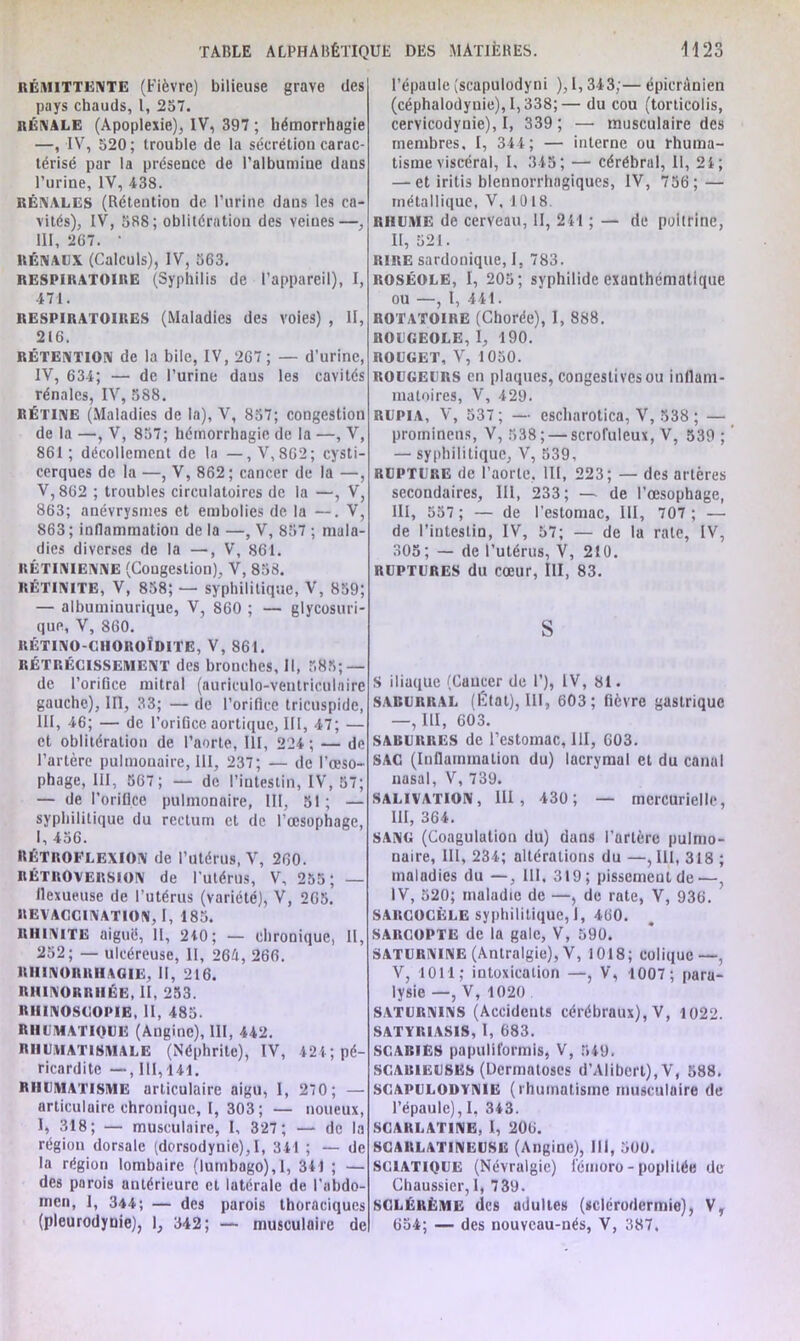 rémittente (Fièvre) bilieuse grave des pays chauds, l, 257. RÉNALE (Apoplexie), IV, 397 ; hémorrhagie —, IV, 520; trouble de la sécrétion carac- térisé par la présence de l'albumine dans l’urine, IV, 438. RÉNALES (Rétention de l’urine dans les ca- vités), IV, 588; oblitération des veines—, III, 267. • RÉNAUX (Calculs), IV, 563. respiratoire (Syphilis de l’appareil), I, 471. RESPIRATOIRES (Maladies des voies) , II, 216. RÉTENTION de la bile, IV, 267; — d’urine, IV, 634; — de l’urine dans les cavités rénales, IV, 588. RÉTINE (Maladies de la), V, 857; congestion de la —, V, 857; hémorrhagie de la —, V, 861; décollement de la —, V,8G2; cysti- cerques de la —, V, 862; cancer de la —, V, 862 ; troubles circulatoires de la —, V, 863; anévrysmes et embolies de la —. V, 863; inflammation de la —, V, 857 ; mala- dies diverses de la —, V, 861. RÉTINIENNE (Congestion), V, 858. KÉTINITE, V, 858; — syphilitique, V, 859; — albuminurique, V, 860 ; — glycosuri- que, V, 860. RÉTINO-CHOROÏDITE, V, 861. RÉTRÉCISSEMENT des bronches. II, 585; — de l’orifice mitral (auriculo-ventriculaire gauche), III, 33; — de l’orifice tricuspidc, III, 46; — de l’orifice aortique, III, 47; — et oblitération de l’aorte, III, 224 ; — de l’artère pulmonaire, III, 237; — de l’oeso- phage, 111, 567; — de l’intestin, IV, 57; — de l’orifice pulmonaire, III, 51 ; — syphilitique du rectum et de l’œsophage, I, 456. RÉTROFLEXION de l’utérus, V, 260. RÉTROVERSION de l'utérus, V, 255; — llexueuse de l’utérus (variété), V, 265. REVACCINATION, I, 185. RHINITE aiguë, II, 240; — chronique, II, 252; — ulcéreuse, II, 26â, 266. RHINORRHAGIE, II, 216. RHINORRHÉE, II, 253. RHINOSCOPIE, II, 485- RHUMATIQUE (Angine), III, 442. RHUMATISMALE (Néphrite), IV, 421; pé- ricardite — , 111,141. RHUMATISME articulaire aigu, I, 270; — articulaire chronique, I, 303; — noueux, I, 318; — musculaire, 1, 327 ; — de la région dorsale (dorsodynie), I, 341 ; — de la région lombaire (lumbago),!, 341 ; — des parois antérieure et latérale de l’abdo- men, 1, 344; — des parois thoraciques (pleurodynie), 1, 342; — musculaire de l’épaule (scapulodyni ), 1,343;— épicrinien (céphalodynie), 1,338;— du cou (torticolis, cervicodynie), I, 339 ; — musculaire des membres, I, 344; — interne ou rhuma- tisme viscéral, I, 345; — cérébral, II, 24; — et iritis blennorrhagiques, IV, 756; — métallique, V, 1018. rhume de cerveau, II, 241 ; — de poitrine, II, 521. RIRE sardonique, I, 783. roséole, I, 205; svphilidc exanthématique ou —, I, 441. ROTATOIRE (Chorée), I, 888. ROUGEOLE, I, 190. ROUGET, V, 1050. ROUGEURS en plaques, congestives ou inflam- matoires, V, 429. RUPIA, V, 537 ; — cscharotica, V, 538 ; — promincus, V, 538; — scrofuleux, V, 539 ; — syphilitique, V, 539, rupture de l’aorte, III, 223; — des artères secondaires, III, 233; — de l’œsophage, III, 557 ; — de l’estomac, III, 707 ; — de l’intesliD, IV, 57; — de la rate, IV, 305; — de l’utérus, V, 210. RUPTURES du cœur, III, 83. S S iliaque (Caucer de 1’), IV, 81. SABURRAL (État), III, 603; fièvre gastrique —, III, 603. SABURRES de l’estomac, 111, 603. SAC (Inflammation du) lacrymal et du canal nasal, V, 739. SALIVATION, III, 430; — mercurielle, III, 364. SANG (Coagulation du) dans l’artère pulmo- naire, III, 234; altérations du —,111, 318 ; maladies du —, III, 319; pissement de ■—, IV, 520; maladie de —, de rate, V, 936. SARCOCÈLE syphilitique, I, 460. SARCOPTE de la gale, V, 590. SATURNINE (Anlralgie), V, 1018; colique—, V, 1011; intoxication —, V, 1007; para- lysie —, V, 1020 saturnins (Accidents cérébraux), V, 1022. SATYRIASIS, I, 683. SCARIES papuliformis, V, 549. scarieuses (Dermatoses d’Alibert), V, 588. SCAPULODYNIE (rhumatisme musculaire de l’épaule), I. 343. SCARLATINE, 1, 206. SCARLATINEUSE (Angine), 111, 500. SCIATIQUE (Névralgie) lémoro - poplitée de Chaussier, 1, 739. sCLéréme des adultes (sclérodermie), V, 654; — des nouveau-nés, V, 387.