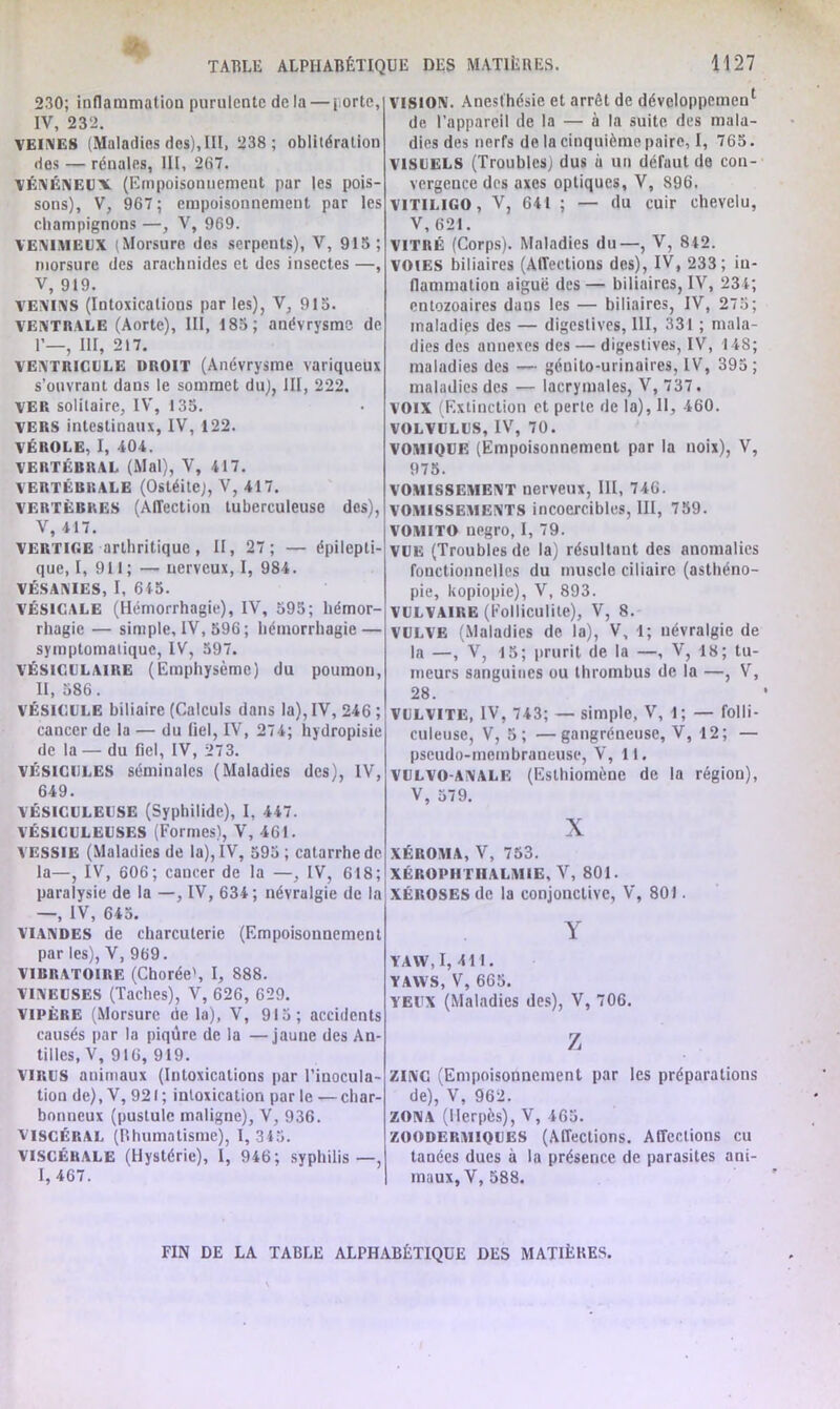 230; inflammation purulente de la — porte, IV, 232. veines (Maladies des),III, 238 ; oblitération des — rénales, III, 267. VÉNÉNEUX (Empoisonnement par les pois- sons), V, 967 ; empoisonnement par les champignons —, V, 969. VENIMEUX (Morsure des serpents), V, 913 ; morsure des arachnides et des insectes —, V, 919. VENINS (Intoxications par les), V, 913. VENTRALE (Aorte), III, 183; anévrysme de r—, m, 2i7. VENTRICULE DROIT (Anévrysme variqueux s’ouvrant dans le sommet du), III, 222. VER solitaire, IV, 133. VERS intestinaux, IV, 122. VÉROLE, I, 404. VERTÉBRAL (Mal), V, 417. VERTÉBRALE (Ostéite;, V, 417. vertèbres (Affection tuberculeuse des), V, 417. VERTIGE arthritique , II, 27; — épilepti- que, I, 911 ; — nerveux, I, 984. VÉSANIES, I, 645. VÉSICALE (Hémorrhagie), IV, 595; hémor- rhagie — simple, IV, 596 ; hémorrhagie — symptomatique, IV, 597. VÉSICULAIRE (Emphysème) du poumon, II, 586. Vésicule biliaire (Calculs dans la), IV, 246 ; cancer de la — du fiel, IV, 274; hydropisie de la — du fiel, IV, 273. Vésicules séminales (Maladies des), IV, 649. VÉSICULEUSE (Syphilide), I, 447. VÉSICULEUSES (Formes), V, 461. VESSIE (Maladies de la), IV, 595; catarrhe de la—, IV, 606; cancer de la —, IV, 618; paralysie de la —, IV, 634; névralgie de la —, IV, 645. viandes de charcuterie (Empoisonnement par les), V, 969. VIBRATOIRE (Chorée', I, 888. VINEUSES (Taches), V, 626, 629. VIPÈRE (Morsure de la), V, 915; accidents causés par la piqûre de la —jaune des An- tilles, V, 916,919. VIRUS animaux (Intoxications par l’inocula- tion de), V, 921; intoxication par le — char- bonneux (pustule maligne), V, 936. VISCÉRAL (Rhumatisme), 1, 345. VISCÉRALE (Hystérie), I, 946; syphilis—, I, 467. VISION. Anesthésie et arrêt de développemcu1 de l’appareil de la — à la suite des mala- dies des nerfs de la cinquième paire, I, 765. VISUELS (Troubles; dus à un défaut de con- vergence des axes optiques, V, 896. VITILIGO, V, 641 ; — du cuir chevelu, V,621. VITRÉ (Corps). Maladies du—, V, 842. VOIES biliaires (Affections des), IV, 233; iu- flammation aiguë des— biliaires, IV, 234; entozoaires dans les — biliaires, IV, 275; maladips des — digestives, III, 331 ; mala- dies des annexes des — digestives, IV, 148; maladies des — génito-urinaires, IV, 395; maladies des — lacrymales, V, 737. VOIX (Extinction et perle de la), 11, 460. VOLVULUS,IV, 70. VOMIQUE (Empoisonnement par la noix), V, 975. VOMISSEMENT nerveux, III, 746. VOMISSEMENTS incoercibles, III, 739. vomito negro, I, 79. VUE (Troubles de la) résultant des anomalies fonctionnelles du muscle ciliaire (asthéno- pie, kopiopie), V, 893. VULVAIRE (Folliculite), V, 8. VULVE (Maladies de la), V, 1; névralgie de la —, V, 15; prurit de la —, V, 18; tu- meurs sanguines ou thrombus de la —, V, 28. VULVITE, IV, 743; — simple, V, 1; — folli- culeuse, V, 5; —gangréneuse, V, 12; — pseudo-meinbraneuse, V, 11. VULVO-ANALE (Eslhiomène de la région), V, 579. X XÉROMA, V, 753. XÉROPHTÜALMIE, V, 801. xéroses de la conjonctive, V, 801. Y YAW, I, 41 1. YAWS, V, 665. YEUX (Maladies des), V, 706. Z ZINC (Empoisonnement par les préparations de), V, 962. ZONA (Herpès), V, 465. ZOODERMIQUES (Affections. Affections eu tauées dues à la présence de parasites ani- maux, V, 588. FIN DE LA TABLE ALPHABÉTIQUE DES MATIÈRES.