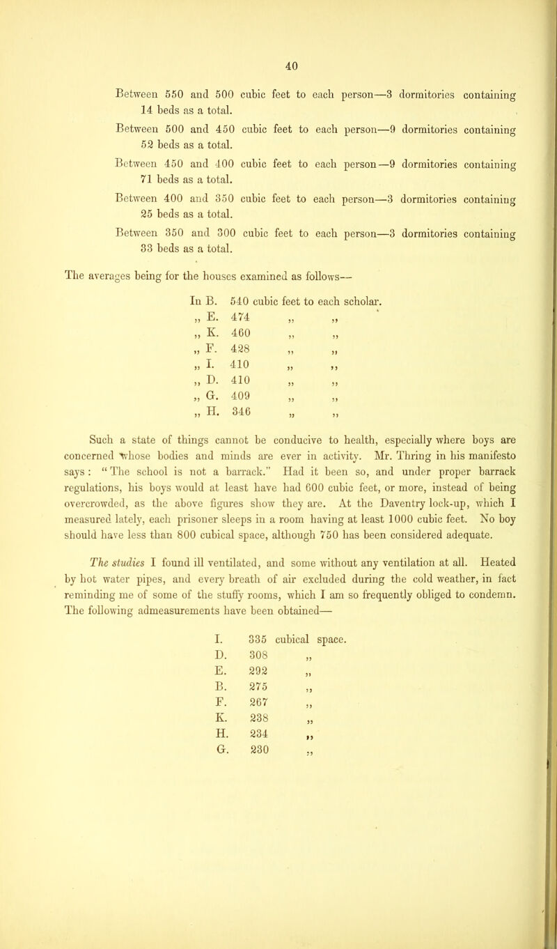 Between 550 and 500 cubic feet to each person—3 dormitories containing 14 beds as a total. Between 500 and 450 cubic feet to each person—9 dormitories containing 52 beds as a total. Between 450 and 400 cubic feet to each person—9 dormitories containing 71 beds as a total. Between 400 and 350 cubic feet to each person—3 dormitories containing 25 beds as a total. Between 350 and 300 cubic feet to each person—3 dormitories containing 33 beds as a total. The averages being for the houses examined as follows— In B. 540 cubic feet to each scholar. „ E. 474 33 55 „ K 460 55 55 „ F. 428 55 55 „ I- 410 55 5 5 „ D. 410 55 55 „ G. 409 55 55 „ H. 346 55 55 Such a state of things cannot be conducive to health, especially where boys are concerned tvhose bodies and minds are ever in activity. Mr. Thring in his manifesto says : “ The school is not a barrack.” Had it been so, and under proper barrack regulations, his boys would at least have had 600 cubic feet, or more, instead of being overcrowded, as the above figures show they are. At the Daventry lock-up, which I measured lately, each prisoner sleeps in a room having at least 1000 cubic feet. No boy should have less than 800 cubical space, although 750 has been considered adequate. The studies I found ill ventilated, and some without any ventilation at all. Heated by hot water pipes, and every breath of air excluded during the cold weather, in fact reminding me of some of the stuffy rooms, which I am so frequently obliged to condemn. The following admeasurements have been obtained— I. 335 cubical space D. 308 55 E. 292 55 B. 275 53 F. 267 55 K. 238 35 H. 234 13 G. 230 53