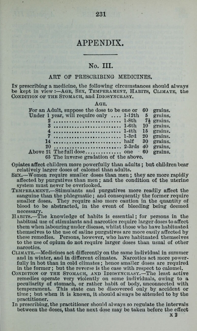 APPENDIX. No. III. ART OF PRESCRIBING- MEDICINES. In prescribing a medicine, the following circumstances should always be kept in view:—Age, Sex, Temperament, Habits, Climate, the Condition op the Stomach, and Idiosyncrasy. Age. For an Adult, suppose the dose to be one or 60 Under 1 year, will require only .... l-12th 5 2 l-8th 3 l-6th 10 4 l-4th 15 7 l-3rd 20 14 half 30 20 2-3rds 40 Above 21 The full dose one 60 65 The inverse gradation of the above. Opiates affect children more powerfully than adults ; but children bear relatively larger doses of calomel than adults. SEX.—Women require smaller doses than men ; they are more rapidly affected by purgatives than men; and the condition of the uterine system must never be overlooked. Temperament.—Stimulants and purgatives more readily affect the sanguine than the phlegmatic ; and consequently the former require smaller doses. They require also more caution in the quantity of blood to be abstracted, in the event of bleeding being deemed necessary. Habits.—The knowledge of habits is essential; for persons in the habitual use of stimulants and narcotics require larger doses to affect them when labouring under disease, whilst those who have habituated themselves to the use of saline purgatives are more easily affected by these remedies. Persons, however, who have habituated themselves to the use of opium do not require larger doses than usual of other narcotics. Climate.—Medicines act differently on the same individual in summer and in winter, and in different climates. Narcotics act more power- fully in hot than in cold climates; hence smaller doses are required in the former; but the reverse is the case with respect to calomel. Condition op the Stomach, and Idiosyncrasy.—The least active remedies operate very violently on some individuals, owing to a peculiarity of stomach, or rather habit of body, unconnected with temperament. This state can be discovered only by accident or time ; but when it is known, it should always be attended to by the practitioner. In prescribing, the practitioner should always so regulate the intervals between the doses, that the next dose may be taken before the effect x 2 grains. grains. grains. grains. grains. grains. grains. grains. grains.