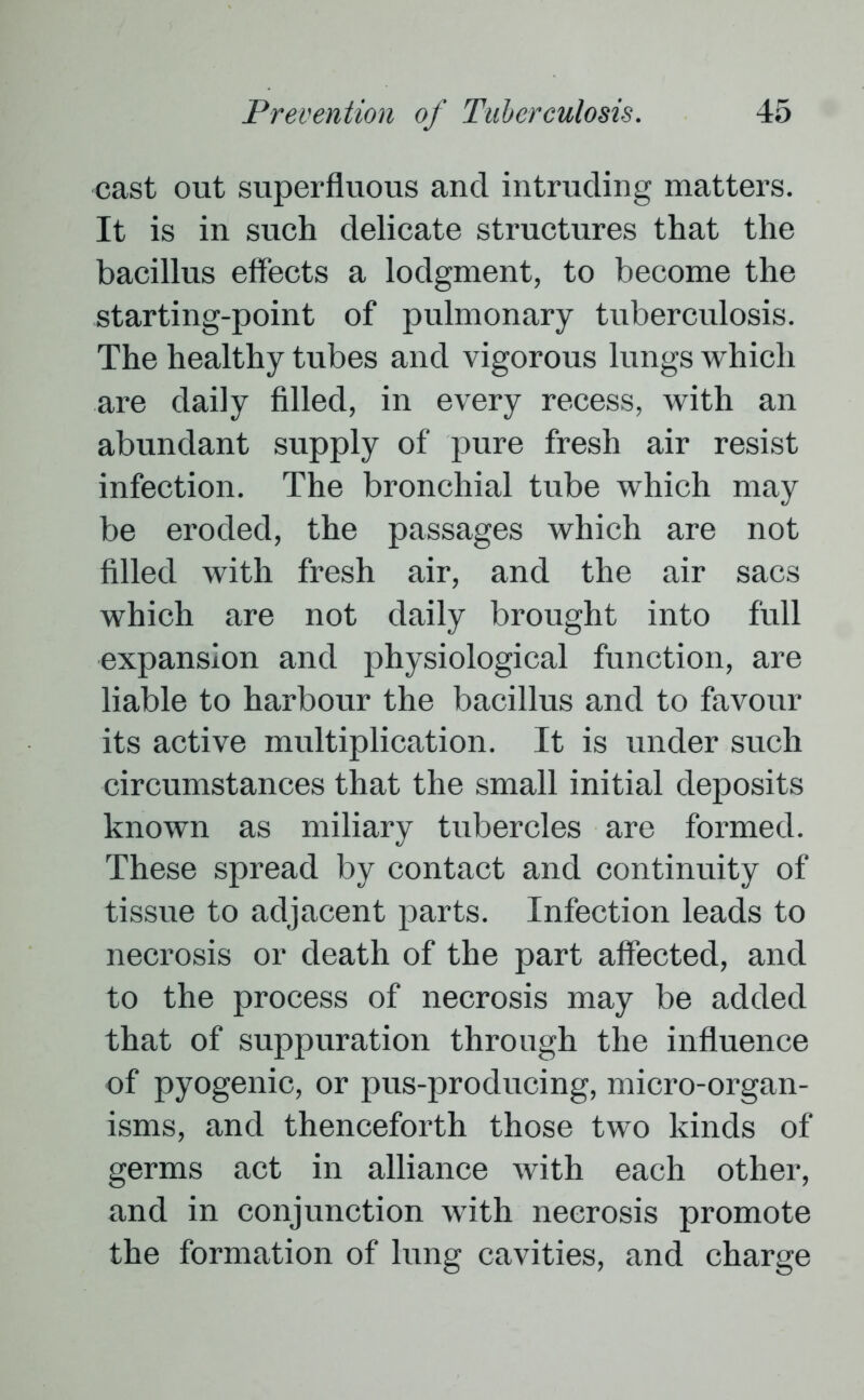 cast out superfluous and intruding matters. It is in such delicate structures that the bacillus effects a lodgment, to become the starting-point of pulmonary tuberculosis. The healthy tubes and vigorous lungs which are daily filled, in every recess, with an abundant supply of pure fresh air resist infection. The bronchial tube which may be eroded, the passages which are not filled with fresh air, and the air sacs which are not daily brought into full expansion and physiological function, are liable to harbour the bacillus and to favour its active multiplication. It is under such circumstances that the small initial deposits known as miliary tubercles are formed. These spread by contact and continuity of tissue to adjacent parts. Infection leads to necrosis or death of the part affected, and to the process of necrosis may be added that of suppuration through the influence of pyogenic, or pus-producing, micro-organ- isms, and thenceforth those two kinds of germs act in alliance with each other, and in conjunction with necrosis promote the formation of lung cavities, and charge