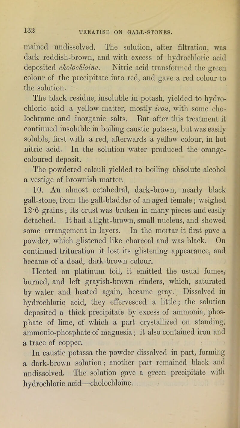 mained undissolved. The solution, after filtration, was dark reddish-brown, and with excess of hydrochloric acid deposited cholocltloine. Nitric acid transformed the green colour of the precipitate into red, and gave a red colour to the solution. The black residue, insoluble in potash, yielded to hydro- chloric acid a yellow matter, mostly iron, with some cho- lochrome and inorganic salts. But after this treatment it continued insoluble in boiling caustic potassa, but was easily soluble, first with a red, afterwards a yellow colour, in hot nitric acid. In the solution water produced the orange- coloured deposit. The powdered calculi yielded to boiling absolute alcohol a vestige of brownish matter. 10. An almost octahedral, dark-brown, nearly black gall-stone, from the gall-bladder of an aged female; weighed 12'6 grains; its crust was broken in many pieces and easily detached. It had a light-brown, small nucleus, and showed some arrangement in layers. In the mortar it first gave a powder, which glistened like charcoal and was black. On continued trituration it lost its glistening appearance, and became of a dead, dark-brown colour. Heated on platinum foil, it emitted the usual fumes, burned, and left grayish-brown cinders, which, saturated by water and heated again, became gray. Dissolved in hydrochloric acid, they effervesced a little; the solution deposited a thick precipitate by excess of ammonia, phos- phate of lime, of which a part crystallized on standing, ammonio-phosphate of magnesia; it also contained iron and a trace of copper. In caustic potassa the powder dissolved in part, forming a dark-brown solution; another part remained black and un dissolved. The solution gave a green precipitate with hydrochloric acid—cholochloine.