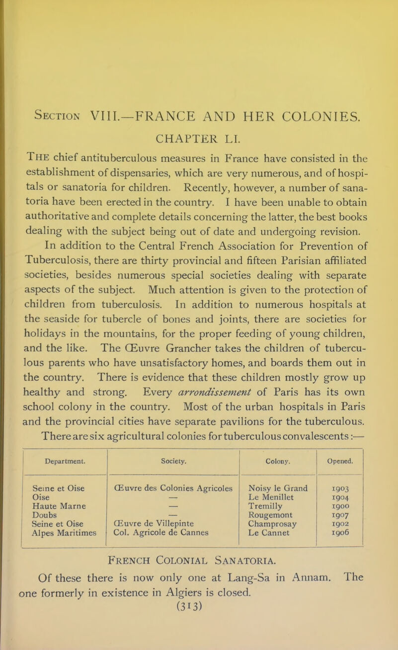 Section VIII.—FRANCE AND HER COLONIES. CHAPTER LI. The chief antituberculous measures in France have consisted in the establishment of dispensaries, which are very numerous, and of hospi- tals or sanatoria for children. Recently, however, a number of sana- toria have been erected in the country. I have been unable to obtain authoritative and complete details concerning the latter, the best books dealing with the subject being out of date and undergoing revision. In addition to the Central French Association for Prevention of Tuberculosis, there are thirty provincial and fifteen Parisian affiliated societies, besides numerous special societies dealing with separate aspects of the subject. Much attention is given to the protection of children from tuberculosis. In addition to numerous hospitals at the seaside for tubercle of bones and joints, there are societies for holidays in the mountains, for the proper feeding of young children, and the like. The CEuvre Grancher takes the children of tubercu- lous parents who have unsatisfactory homes, and boards them out in the country. There is evidence that these children mostly grow up healthy and strong. Every arrondissenient of Paris has its own school colony in the country. Most of the urban hospitals in Paris and the provincial cities have separate pavilions for the tuberculous. There are six agricultural colonies for tuberculous convalescents:— Department. Society. Colony. Opened. Seine et Oise CEuvre des Colonies Agricoles Noisy le Grand 1903 Oise — Le Menillet 1904 Haute Marne — Tremilly igoo Doubs — Rougemont 1907 Seine et Oise CEuvre de Villepinte Champrosay 1902 Alpes Maritimes Col. Agricole de Cannes Le Cannet 1906 French Colonial Sanatoria. Of these there is now only one at Lang-Sa in Annam. The one formerly in existence in Algiers is closed.