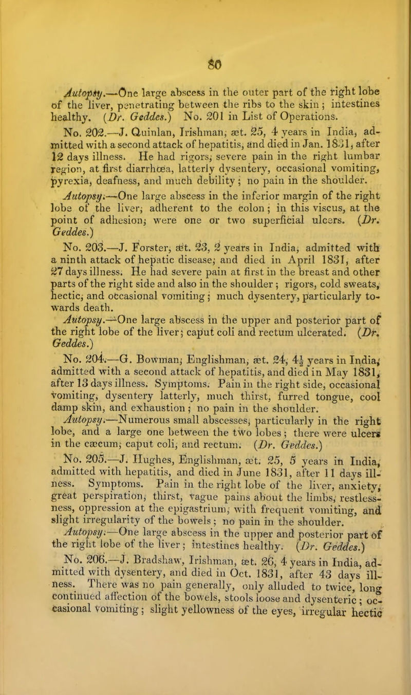so Autopsy.—One large abscess in the outer part of the right lobe of the liver, penetrating between the ribs to the skin; intestines healthy. (Dr. Geddes.) No. 201 in List of Operations. No. 202.—J. Quinlan, Irishman, set. 25, 4 years in India, ad- mitted with a second attack of hepatitis, and died in Jan. 1851, after 12 days illness. He had rigors; severe pain in the right lumbar region, at first diarrhoea, latterly dysentery, occasional vomiting, pyrexia, deafness, and much debility; no pain in the shoulder. Autopsyi—One large abscess in the inferior margin of the right lobe of the liver; adherent to the colon ; in this viscus, at the point of adhesion; were one or two superficial ulcers. (Dr. Geddes.) No. 203.—J. Forster, sht. 23, 2 years in India, admitted with a ninth attack of hepatic disease; and died in April 1831, after 27 days illness. He had severe pain at first in the breast and other parts of the right side and also in the shoulder; rigors, cold sweats, hectic, and occasional vomiting; much dysentery, particularly to- wards death. Autopsy.—^One large abscess in the upper and posterior part of the right lobe of the liver; caput coli and rectum ulcerated. (Dr. Geddes.) No. 204.—G. Bowman; Englishman, set. 24, 4| years in Indian admitted with a second attack of hepatitis, and died in May 1831, after 13 days illness. Symptoms. Pain in the right side, occasional vomiting, dysentery latterly, much thirst, furred tongue, cool damp skin, and exhaustion; no pain in the shoulder. Autopsy.—Numerous small abscesses, particularly in the right lobe, and a large one between the two lobes; there were ulcers in the caecum; caput coli, and rectum. (Dr. Geddes.) No. 205.—J. Hughes, Englishman, aet. 25, 5 years in India, admitted with hepatitis, and died in June 1831, after 11 days ill- ness. Symptoms. Pain in the right lobe of the liver, anxiety; great perspiration, thirst, vague pains about the limbs, restless- ness, oppression at the epigastrium, with frequent vomiting, and slight irregularity of the bowels ; no pain in the shoulder. Autopsy:■ One large abscess in the upper and posterior part of the right lobe of the liver ; intestines healthy. (Dr. Geddes.) No. 206.—J. Bradshaw, Irishman, aet. 26, 4 years in India, ad- mitted with dysentery, and died in Oct. 1831, after 43 days ill- ness. There was no pain generally, only alluded to twice, lone- continued affection of the bowels, stools loose and dysenteric ; oct casional vomiting; slight yellowness of the eyes, irregular hectic