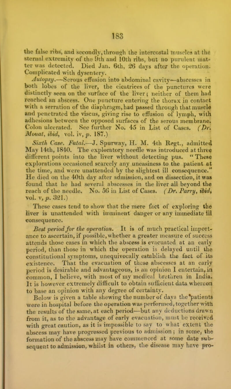 the false ribs, and secondly,through the intercostal muscles nt. the sternal extremity of the Dth and 10th ribs, but no purulent mat- ter was detected. Died Jan. 6th, 26 days after the operation. Complicated with dysentery. Autopsy.—“-Serous effusion into abdominal cavity—abscesses in both lobes of the liver, the cicatrices of the punctures were distinctly seen on the surface of the liver; neither of them had reached an abscess. One puncture entering the thorax in contact with a serration of the diaphragm, had passed through that muscle and penetrated the viscus, giving rise to effusion of lymph, with adhesions between the opposed surfaces of the serous membrane. Colon ulcerated. See further No. 45 in List of Cases. (Dr. Mouat, ibul, vol. iv, p. 187.) Sixth Case. Fatal.—J. Spurway, II. M. 4th Regt., admitted May 14th, 1810. The exploratory needle was introduced at three different points into the liver without detecting pus. “ These explorations occasioned scarcely any uneasiness to the patient at the time, and were unattended by the slightest ill consequence.” He died on the 40th day after admission, and on dissection, it was found that he had several abscesses in the liver all beyond the reach of the needle. No. 56 in List of Cases. (Dr. Parry, ibid, vol. v, p. 321.) These cases tend to show that the mere fact of exploring the liver is unattended with imminent danger or any immediate ill consequence. Best period for the operation. It is of much practical import- ance to ascertain, if possible, whether a greater measure of success attends those cases in which the abscess is evacuated at an early period, than those in which the operation is delayed until the constitutional symptoms, unequivocally establish the fact of its existence. That the evacuation of these abscesses at an early period is desirable and advantageous, is an opinion I entertain, in common, I believe, with most of my medical brethren in India. It is however extremely difficult to obtain sufficient data whereon to base an opinion with any degree of certainty. Below is given a table shewing the number of days the*patients were in hospital before the operation was performed, together with the results of the same, at each period—but any deductions drawn from it, as to the advantage of early evacuation, must be received with great caution, as it is impossible to say to what extent the abscess may have progressed previous to admission; in some, the formation of the abscess may have commenced at some date sub- sequent to admission, whilst In others, the disease may have pro-