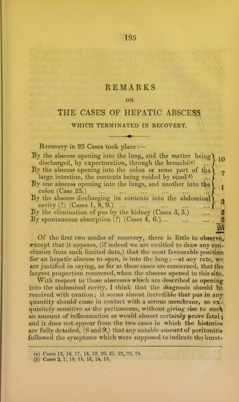 REMARKS ON THE CASES OF HEPATIC ABSCESS WHICH TERMINATED IN RECOVERY. Recovery in 25 Cases took place:— By the abscess opening into the lung,, and the matter discharged, by expectoration, through the bronchiO By the abscess opening into the colon or some part large intestine, the contents being voided by stool(^) By one abscess opening into the lungs,, and another into the colon (Case 25.) By the abscess discharging its contents into the abdominal cavity (?) (Cases I, 8, 9.) . By the elimination of pus by the kidney (Cases 3, 5.) By spontaneous absorption (?) (Cases 4, G.)... ... ... * H Of the first two modes of recovery, there is little to observe, except that it appears, (if indeed we are entitled to draw any con- clusion from such limited data,) that the most favourable position for an hepatic abscess to open, is into the lung;—at any rate, we are justified in saying, as far as these cases are concerned, that the largest proportion recovered, when the abscess opened in this site. With respect to those abscesses which are described as opening into the abdominal cavity, I think that the diagnosis should be received with caution; it seems almost incredible that pus in any quantity should come in contact with a serous membrane, so ex- quisitely sensitive as the peritoneum, without giving rise to such an amount of inflammation as would almost certainly prove fatal ; and it does not appear from the two cases in which the histories are fully detailed, (8 and 9,) that any notable amount of peritonitis followed the symptoms which were supposed to indicate the burst- (a) Cases 12, 16. 17. 18, 19, 20, 21, 22,. 23, 24. (&,) Cases 2, 7, 10, 11, 1-3, 14, 15.