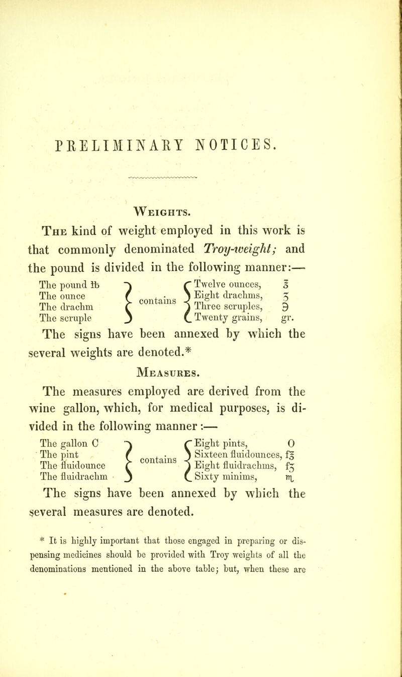 Weights. The kind of weight employed in this work is that commonly denominated Troy-weight; and the pound is divided in the following manner:— The pound db C Twelve ounces, 3 The ounce f . • 1 Eight drachms, 5 The drachm T ' j Three scruples, 9 The scruple 3 (. Twenty grains, gr. The signs have been annexed by which the several weights are denoted.* Measures. The measures employed are derived from the wine gallon, which, for medical purposes, is di- vided in the following manner :— The gallon C C Eight pints, 0 The pint f , . j Sixteen fluidounces, f| The fluidounce T COn amS J Eight fluidrachms, fj The fluidrachm 3 C Sixty minims, \\ The signs have been annexed by which the several measures are denoted. * It is highly important that those engaged in preparing or dis- pensing medicines should he provided with Troy weights of all the denominations mentioned in the above table; but, when these are