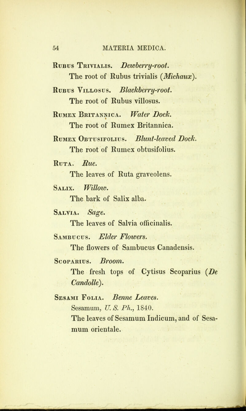 Rubus Trivialis. Dewberry-root. The root of Rubus trivialis (Michaux). Rubus Villosus. Blackberry-root. The root of Rubus villosus. Rumex Britanxica. Water Dock. The root of Rumex Britannica. Rumex Obtusifolius. Blunt-leaved Dock. The root of Rumex obtusifolius. Ruta. Rue. The leaves of Ruta graveolens. Salix. Willow. The bark of Salix alba. Salvia. Sage. The leaves of Salvia officinalis. Sambucus. Elder Flowers. The flowers of Sambucus Canadensis. Scoparius. Broom. The fresh tops of Cytisus Scoparius (Z)e Candolle). Sesami Folia. Benne Leaves. Sesamum, U. S. Ph., 1840. The leaves of Sesamum Indicum, and of Sesa- mum orientale.