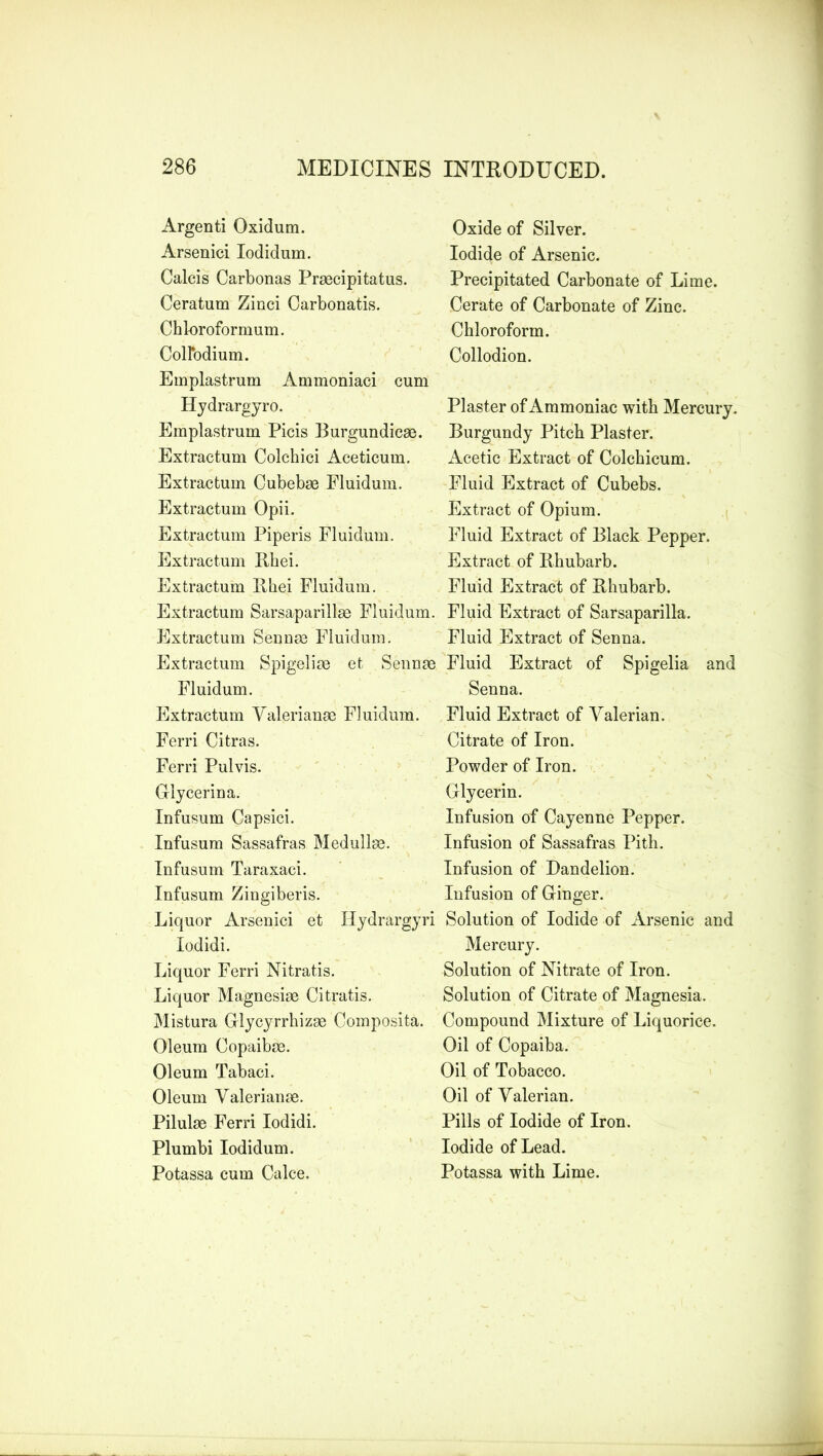 Argenti Oxidum. Arsenici Iodidum. Calcis Carbonas Prascipitatus. Ceratum Zinci Carbonatis. Chloroformum. CoU’odium. Emplastrum Ammoniaci cum Hydrargyro. Emplastrum Picis Burgundicae. Extractum Colchici Aceticum. Extractum Cubebae Fluidum. Extractum Opii. Extractum Piperis Fluidum. Extractum Rhei. Extractum Rhei Fluidum. Extractum Sarsaparillae Fluidum. Extractum Sennae Fluidum. Extractum Spigelias et. Sennae Fluidum. Extractum Valerianae Fluidum. Ferri Citras. Ferri Pulvis. Glycerina. Infusum Capsici. Infusum Sassafras Medullas. Infusum Taraxaci. Infusum Zingiberis. Liquor Arsenici et Hydrargyri Iodidi. Liquor Ferri Nitratis. Liquor Magnesias Citratis. Mistura Glycyrrhizae Composita. Oleum Copaibae. Oleum Tabaci. Oleum Valerianae. Pilulae Ferri Iodidi. Plumbi Iodidum. Potassa cum Calce. Oxide of Silver. Iodide of Arsenic. Precipitated Carbonate of Lime. Cerate of Carbonate of Zinc. Chloroform. Collodion. Plaster of Ammoniac with Mercury. Burgundy Pitch Plaster. Acetic Extract of Colchicum. Fluid Extract of Cubebs. Extract of Opium. Fluid Extract of Black Pepper. Extract of Rhubarb. Fluid Extract of Rhubarb. Fluid Extract of Sarsaparilla. Fluid Extract of Senna. Fluid Extract of Spigelia and Senna. Fluid Extract of Valerian. Citrate of Iron. Powder of Iron. Glycerin. Infusion of Cayenne Pepper. Infusion of Sassafras Pith. Infusion of Dandelion. Infusion of Ginger. Solution of Iodide of Arsenic and Mercury. Solution of Nitrate of Iron. Solution of Citrate of Magnesia. Compound Mixture of Liquorice. Oil of Copaiba. Oil of Tobacco. Oil of Valerian. Pills of Iodide of Iron. Iodide of Lead. Potassa with Lime.