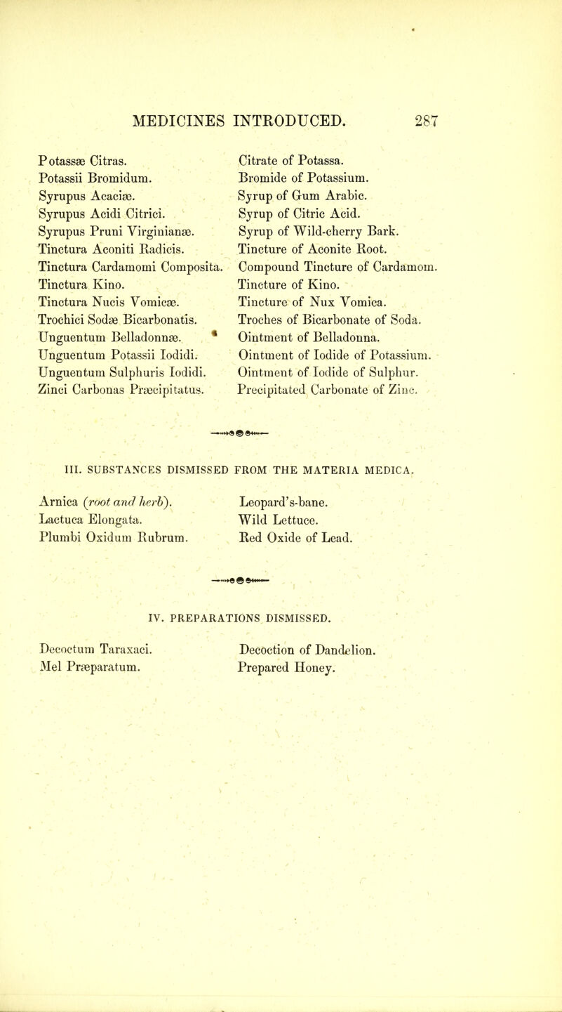 Potassae Citras. Potassii Bromidura. Syrupus Acaciae. Syrupus Acidi Citrici. Syrupus Pruni Virginianm. Tinctura Aconiti Radicis. Tinctura Cardaraomi Composita. Tinctura Kino. Tinctura Nucis Vomicae. Trochici Sodae Bicarbonatis. Unguentum Belladonnae. Unguentum Potassii lodidi. Unguentum Sulphuris lodidi. Zinci Carbonas Praecipitatus. Citrate of Potassa. Bromide of Potassium. Syrup of Gum Arabic. Syrup of Citric Acid. Syrup of Wild-cherry Bark. Tincture of Aconite Root. Compound Tincture of Cardamom. Tincture of Kino. Tincture of Nux Vomica. Troches of Bicarbonate of Soda. Ointment of Belladonna. Ointment of Iodide of Potassium. Ointment of Iodide of Sulphur. Precipitated Carbonate of Zinc. III. SUBSTANCES DISMISSED FROM THE MATERIA MEDICA. Arnica (root and herb). Lactuca Elongata. Plumbi Oxidum Rubrum. Leopard’s-bane. Wild Lettuce. Red Oxide of Lead. IV. PREPARATIONS DISMISSED. Decoctum Taraxaci. Mel Praeparatum. Decoction of Dandelion. Prepared Honey.
