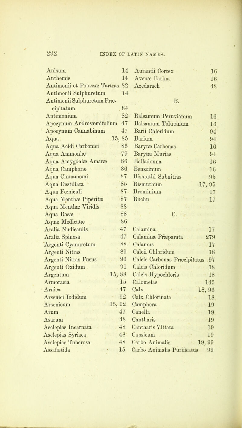 Anisum 14 Aurantii Cortex 16 Anthemis 14 Avenae Farina 16 Antimonii et Potassae Tartras 82 Azedarach 48 Antimonii Sulphuretum 14 Antimonii Sulphuretum Prae- B. eipitatum 84 Antimonium 82 Balsamum Peruvianum 16 Apocynum Androsaemifolium 47 Balsamum Tolutanum 16 Apocynum Cannabinum 47 Barii Chloridum 94 Aqua 15, 85 Barium 94 Aqua Acidi Carbonici 86 Barytae Carbonas 16 Aqua Ammoniac 79 Barytae Murias 94 Aqua Amygdalae Amarac 86 Belladonna 16 Aqua Camphorae 86 Benzoinum 16 Aqua Cinnamomi 87 Bismuthi Subnitras 95 Aqua Destillata 85 Bismuthum 17 , 95 Aqua Poeniculi 87 Brominium 17 Aqua Menthae Piperita 87 Buchu 17 Aqua Menthae Yiridis 88 Aqua Rosae 88 C. Aquae Medicatae 86 Aralia Nudicaulis 47 Calamina 17 Aralia Spinosa 47 Calamina Praeparata 279 'Argenti Cyanuretum 88 Calamus 17 Argenti Nitras 89 Calcii Chloridum 18 Argenti Nitras Fusus 90 Calcis Carbonas Prsecipitatus 97 Argenti Oxidum 91 Calcis Chloridum 18 Argentum 15, 88 Calcis Hypochloris 18 Armoracia 15 Calomelas 145 Arnica 47 Calx 18. , 96 Arsenici lodidum 92 Calx Chlorinata 18 Arsenicum 15, 92 Camphora 19 Arum 47 Canella 19 Asarum 48 Cantharis 19 Asclepias Incarnata 48 Cantharis Yittata 19 Asclepias Syriaca 48 Capsicum 19 Asclepias Tuberosa 48 Carbo Animalis 19, 99 Assafoetida 15 Carbo Animalis Purificatus 99