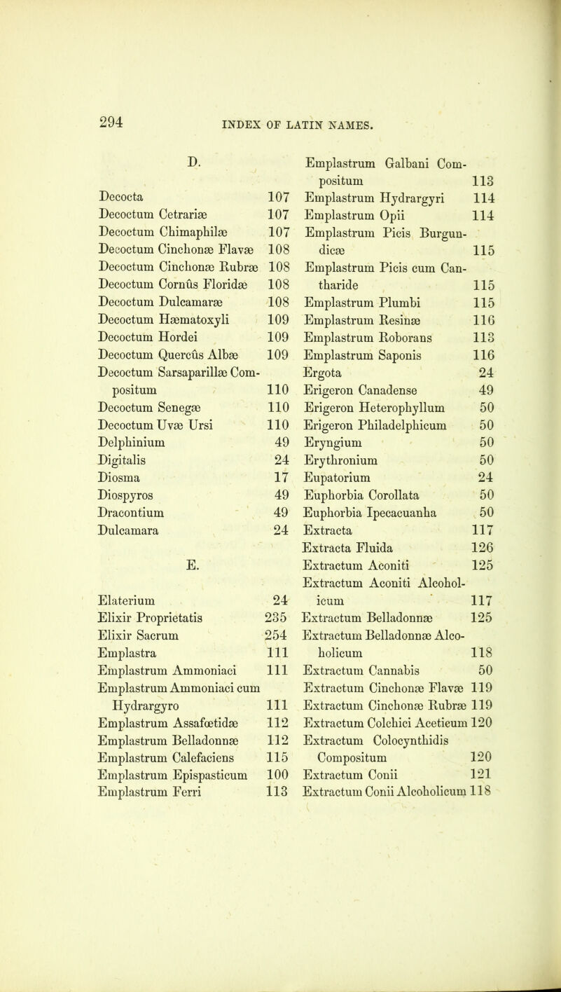 D. Decocta 107 Decoctum Cetrariae 107 Decoctum Chimaphilae 107 Decoctum Cinchonae Flavae 108 Decoctum Cinchonae Bubrae 108 Decoctum Cornus Floridae 108 Decoctum Dulcamarae 108 Decoctum Haematoxyli 109 Decoctum Hordei 109 Decoctum Quercus Albae 109 Decoctum Sarsaparillae Com- positum 110 Decoctum Senegae 110 Decoctum Uvae Ursi 110 Delphinium 49 Digitalis 24 Diosma 17 Diospyros 49 Dracontium 49 Dulcamara 24 E. Elaterium 24 Elixir Proprietatis 235 Elixir Sacrum 254 Emplastra 111 Emplastrum Ammoniaci 111 Emplastrum Ammoniaci cum Hydrargyro 111 Emplastrum Assafoetidae 112 Emplastrum Belladonnae 112 Emplastrum Calefaciens 115 Emplastrum Epispasticum 100 Emplastrum Ferri 113 Emplastrum Galbani Com- positum 113 Emplastrum Hydrargyri 114 Emplastrum Opii 114 Emplastrum Picis Burgun- dicae 115 Emplastrum Picis cum Can- tharide 115 Emplastrum Plumbi 115 Emplastrum Besinae 116 Emplastrum Boborans 113 Emplastrum Saponis 116 Ergota 24 Erigeron Canadense 49 Erigeron Heterophyllum 50 Erigeron Philadelphicum 50 Eryngium 50 Erythronium 50 Eupatorium 24 Euphorbia Corollata 50 Euphorbia Ipecacuanha 50 Extracta 117 Extracta Fluida 126 Extractum Aconiti 125 Extractum Aconiti Alcohol- icum 117 Extractum Belladonnae 125 Extractum Belladonnae Alco- holicum 118 Extractum Cannabis 50 Extractum Cinchonae Flavae 119 Extractum Cinchonae Bubrae 119 Extractum Colchici Aceticum 120 Extractum Colocynthidis Compositum 120 Extractum Conii 121 Extractum Conii Alcoholicum 118