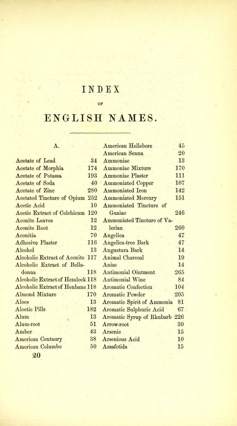 OF ENGLISH NAMES. A. American Hellebore 45 American Senna 20 Acetate of Lead 84 Ammoniac 13 Acetate of Morphia 174 Ammoniac Mixture 170 Acetate of Potassa 193 Ammoniac Plaster 111 Acetate of Soda 40 Ammoniated Copper 107 Acetate of Zinc 280 Ammoniated Iron 142 Acetated Tincture of Opium 252 Ammoniated Mercury 151 Acetic Acid 10 Ammoniated Tincture of Acetic Extract of Colchicum 120 Guaiac 246 Aconite Leaves 12 Ammoniated Tincture of Va- Aconite Hoot 12 lerian 260 Aconitia 70 Angelica 47 Adhesive Plaster 116 Angelica-tree Bark 47 Alcohol 13 Angustura Bark 14 Alcoholic Extract of Aconite 117 Animal Charcoal 19 Alcoholic Extract of Bella- Anise 14 donna 118 Antimonial Ointment 265 Alcoholic Extract of Hemlock 118 Antimonial Wine 84 Alcoholic Extract of Henbane 118 Aromatic Confection ) 104 Almond Mixture 170 Aromatic Powder 205 Aloes 13 Aromatic Spirit of Ammonia 81 Aloetic Pills 182 Aromatic Sulphuric Acid 67 Alum \ 13 Aromatic Syrup of Rhubarb 226 Alum-root 51 Arrow-root 30 Amber 43 Arsenic 15 American Centaury 38 Arsenious Acid 10 American Columbo 50 Assafetida 15 20