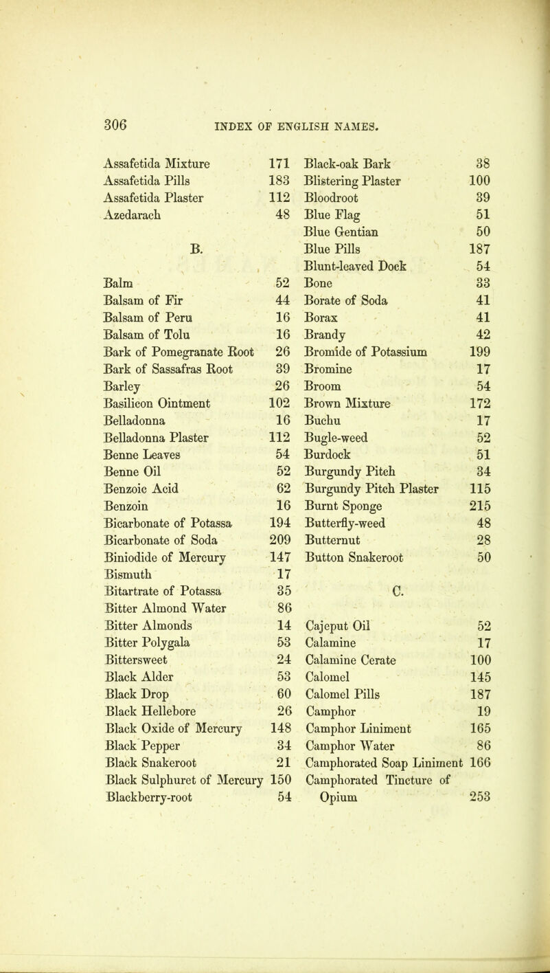 Assafetida Mixture Assafetida Pills Assafetida Plaster Azedaracli B. Balm Balsam of Fir Balsam of Pern Balsam of Tolu Bark of Pomegranate Boot Bark of Sassafras Root Barley Basilicon Ointment Belladonna Belladonna Plaster Benne Leaves Benne Oil Benzoie Acid Benzoin Bicarbonate of Potassa Bicarbonate of Soda Biniodide of Mercury Bismuth Bitartrate of Potassa Bitter Almond Water Bitter Almonds Bitter Polygala Bittersweet Black Alder Black Drop Black Hellebore Black Oxide of Mercury Black Pepper Black Snakeroot Black Sulphuret of Mercury Blackberry-root Black-oak Bark 38 Blistering Plaster 100 Bloodroot 39 Blue Flag 51 Blue Gentian 50 Blue Pills 187 Blunt-leaved Dock 54 Bone 33 Borate of Soda 41 Borax 41 Brandy 42 Bromide of Potassium 199 Bromine 17 Broom 54 Brown Mixture 172 Buchu 17 Bugle-weed 52 Burdock 51 Burgundy Pitch 34 Burgundy Pitch Plaster 115 Burnt Sponge 215 Butterfly-weed 48 Butternut 28 Button Snakeroot 50 C. Cajeput Oil 52 Calamine 17 Calamine Cerate 100 Calomel 145 Calomel Pills 187 Camphor 19 Camphor Liniment 165 Camphor Water 86 Camphorated Soap Liniment 166 Camphorated Tincture of Opium 253 171 183 112 48 52 44 16 16 26 39 26 102 16 112 54 52 62 16 194 209 147 17 35 86 14 53 24 53 60 26 148 34 21 150 54