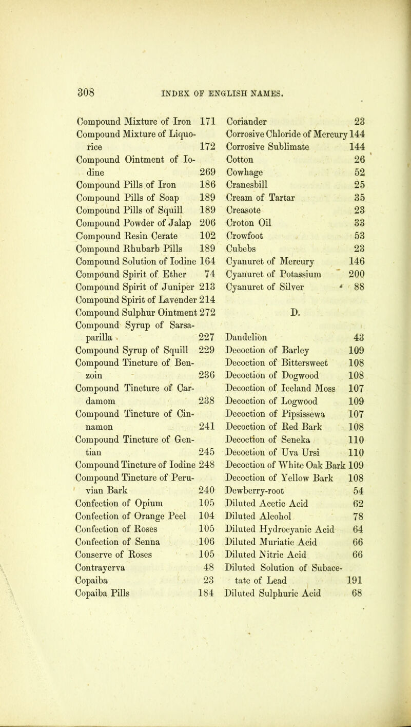 Compound Mixture of Iron 171 Compound Mixture of Liquo- rice 172 Compound Ointment of Io- dine 269 Compound Pills of Iron 186 Compound Pills of Soap 189 Compound Pills of Squill 189 Compound Powder of Jalap 206 Compound Resin Cerate 102 Compound Rhubarb Pills 189 Compound Solution of Iodine 164 Compound Spirit of Ether 74 Compound Spirit of Juniper 213 Compound Spirit of Lavender 214 Compound Sulphur Ointment 272 Compound Syrup of Sarsa- parilla • 227 Compound Syrup of Squill 229 Compound Tincture of Ben- zoin 236 Compound Tincture of Car- damom 238 Compound Tincture of Cin- namon 241 Compound Tincture of Gen- tian 245 Compound Tincture of Iodine 248 Compound Tincture of Peru- vian Bark 240 Confection of Opium 105 Confection of Orange Peel 104 Confection of Roses 105 Confection of Senna 106 Conserve of Roses 105 Contrayerva 48 Copaiba 23 Copaiba Pills 184 Coriander 23 Corrosive Chloride of Mercury 144 Corrosive Sublimate 144 Cotton 26 Cowhage 52 Cranesbill 25 Cream of Tartar 35 Creasote 23 Croton Oil 33 Crowfoot 53 Cubebs 23 Cyanuret of Mercury 146 Cyanuret of Potassium 200 Cyanuret of Silver oo oo * D. Dandelion 43 Decoction of Barley 109 Decoction of Bittersweet 108 Decoction of Dogwood 108 Decoction of Iceland Moss 107 Decoction of Logwood 109 Decoction of Pipsissewa 107 Decoction of Red Bark 108 Decoction of Seneka 110 Decoction of Uva Ursi 110 Decoction of White Oak Bark 109 Decoction of Yellow Bark 108 Dewberry-root 54 Diluted Acetic Acid 62 Diluted Alcohol 78 Diluted Hydrocyanic Acid 64 Diluted Muriatic Acid 66 Diluted Nitric Acid 66 Diluted Solution of Subace- tate of Lead 191 Diluted Sulphuric Acid 68