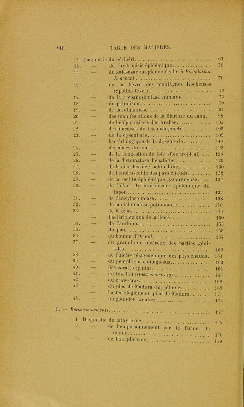 13. Diagnostic du béribéri 63 14. de l’hydropisie épidémique 70 15. du kala-azar ou splénomégalie à Piroplasma Donovani 70 10. de la lièvre des montagnes Rocheuses (Spolted lever) 72 17. — de la .trypanosomiase humaine TH T8 : — du paludisme 79 19. de la bilharziose 94 20. des manifestations de la filariose du sang.. 98 21. de l’éléphantiasis des Arabes 102 22. des lilarioses du tissu conjonctif. 105 23. de la dysenterie 109 — bactériologique de la dysenterie 112 24. des abcès du foie 123 25. de la congestion du foie (foie tropical) 128 26. de la distomatose hépatique 129 27. — de la diarrhée de Cochinc.hine 130 28. de l’enléro-colite des pays chauds 132 29. — de la rectite épidémique gangreneuse 137 30. — de l’ékiri dysentériforme épidémique du Japon 137 31. — de l’ankylostomiase 138 32. — de la distomatose pulmonaire 140 33. — de la lèpre 141 — bactériologique de la lèpre 150 34. . — de l’aïnhum 153 35. - du pian 155 36. — du bouton d’Orient 157 37. — du granulome ulcéreux des parties géni- taies 160 38. — de 1 ulcère phagédénique des pays chauds. 161 39. — du pemphigus contagiosus 163 40. — des caratés (pinta).. .. 164 41. du tokélau (tinea imbricata) 166 42. — du craw-craw 168 43. — du pied de Madura (mycélome) 169 — bactériologique du pied de Madura. ... 171 44. — du goundou (anakré) 175 Empoisonnements... A 'T'7 1. Diagnostic du lathyrisme 177 2 # de l’empoisonnement par la farine de manioc 1 *7 « 3. — de l’atriplicisme... 179