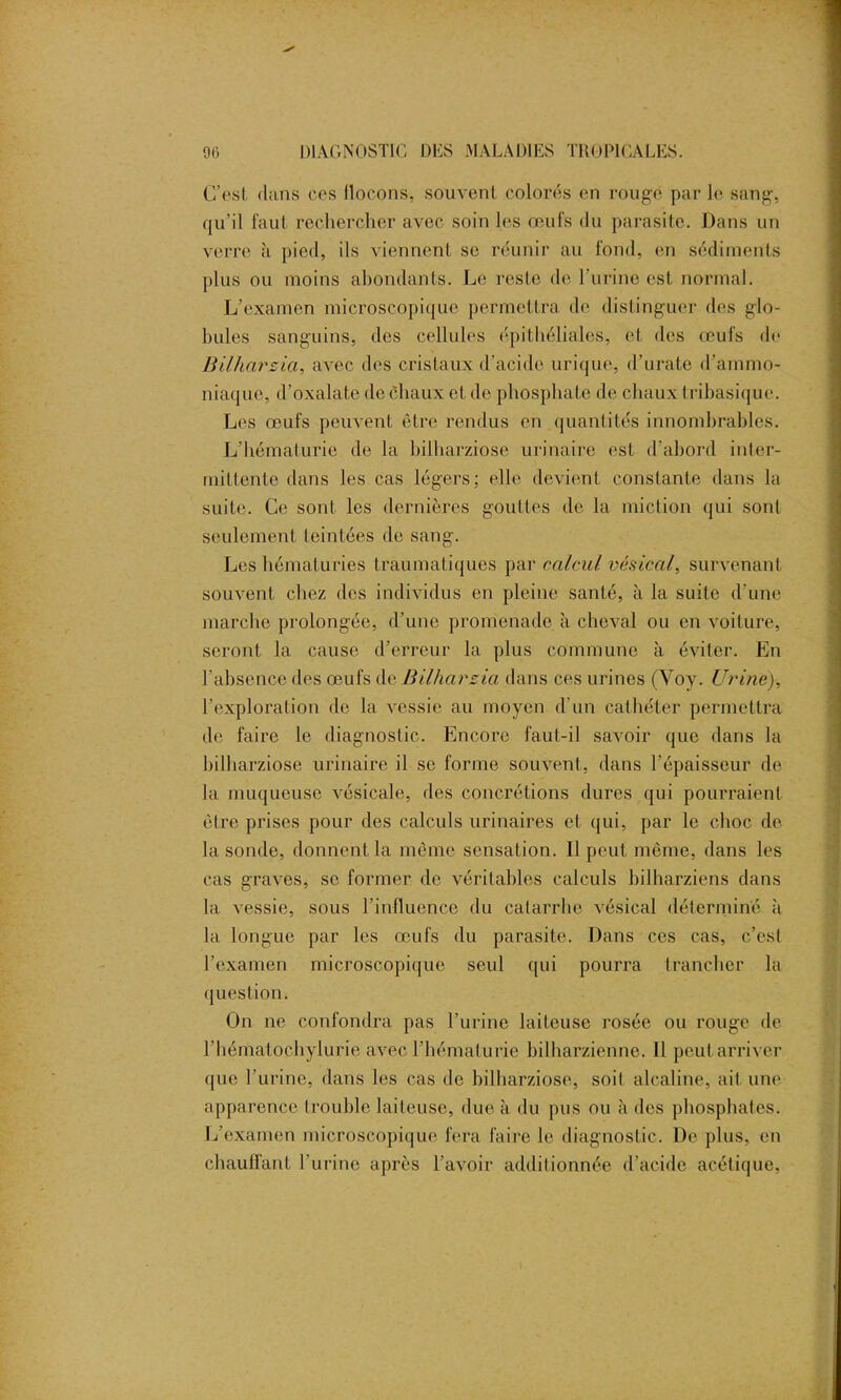 C’est dans ces llocons, souvent colorés en rouge par le sang, qu’il faut rechercher avec soin les œufs du parasite. Dans un verre à pied, ils viennent se réunir au fond, en sédiments plus ou moins abondants. Le reste de l’urine est normal. L’examen microscopique permettra de distinguer des glo- bules sanguins, des cellules épithéliales, et des œufs de Bilharsia, avec dos cristaux d'acide urique, d’urate d’ammo- niaque, d’oxalate de chaux et de phosphate de chaux trihasique. Les œufs peuvent être rendus en quantités innombrables. L’hématurie de la bilharziose urinaire est d’abord inter- mittente dans les cas légers; elle devient constante dans la suite. Ce sont les dernières gouttes de la miction qui sont seulement teintées de sang. Les hématuries traumatiques par calcul vésical, survenant souvent chez des individus en pleine santé, à 1a. suite d’une marche prolongée, d’une promenade à cheval ou en voiture, seront la cause d’erreur la plus commune à éviter. En l’absence des œufs de Bilharsia dans ces urines (Voy. Urine), l’exploration de la vessie au moyen d'un cathéter permettra de faire le diagnostic. Encore faut-il savoir que dans la bilharziose urinaire il se forme souvent, dans l’épaisseur de la muqueuse vésicale, des concrétions dures qui pourraient être prises pour des calculs urinaires et qui, par le choc de la sonde, donnent la même sensation. 11 peut même, dans les cas graves, se former de véritables calculs bilbarziens dans la vessie, sous l’influence du catarrhe vésical déterminé à la longue par les œufs du parasite. Dans ces cas, c’est l’examen microscopique seul qui pourra trancher la question. On ne confondra pas l’urine laiteuse rosée ou rouge de l’hématochylurie avec l'hématurie bilharzienne. Il peut arriver que l’urine, dans les cas de bilharziose, soif alcaline, ait une apparence trouble laiteuse, due à du pus ou à des phosphates. L’examen microscopique fera faire le diagnostic. De plus, en chauffant l'urine après l’avoir additionnée d’acide acétique,