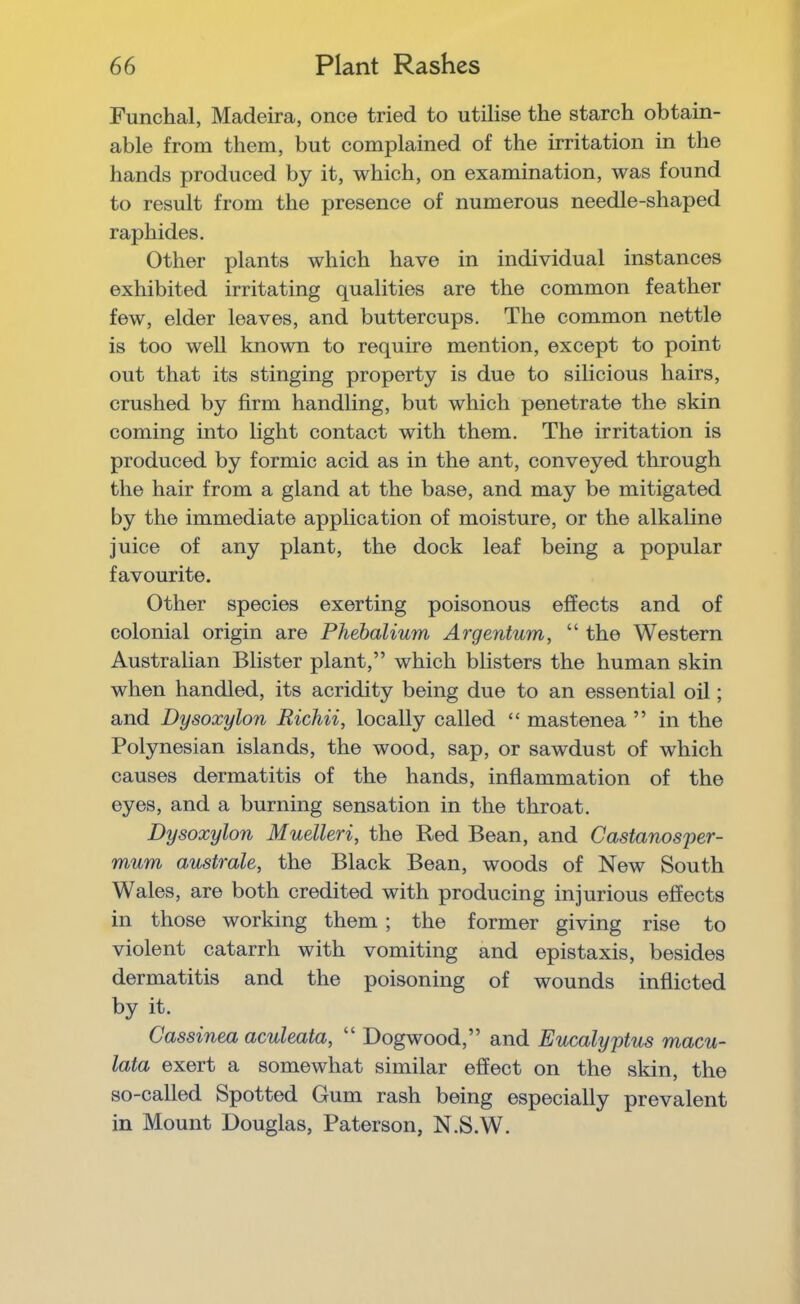 Funchal, Madeira, once tried to utilise the stareh obtain- able from them, but eomplained of the irritation in the hands produced by it, whieh, on examination, was found to result from the presence of numerous needle-shaped raphides. Other plants which have in individual instances exhibited irritating qualities are the eommon feather few, elder leaves, and buttercups. The eommon nettle is too well known to require mention, except to point out that its stinging property is due to silicious hairs, crushed by firm handling, but which penetrate the skin coming into light contact with them. The irritation is produced by formic acid as in the ant, conveyed through the hair from a gland at the base, and may be mitigated by the immediate application of moisture, or the alkaline juice of any plant, the dock leaf being a popular favourite. Other species exerting poisonous effeets and of colonial origin are Phebalium Argentum, “ the Western Australian Blister plant,” which blisters the human skin when handled, its acridity being due to an essential oil; and Dysoxylon Richii, locally called “ mastenea ” in the Polynesian islands, the wood, sap, or sawdust of which causes dermatitis of the hands, inflammation of the eyes, and a burning sensation in the throat. Dysoxylon Muelleri, the Red Bean, and Castanosper- mum australe, the Black Bean, woods of New South Wales, are both eredited with produeing injurious effects in those working them ; the former giving rise to violent catarrh with vomiting and epistaxis, besides dermatitis and the poisoning of wounds inflicted by it. Cassinea aculeata, “ Dogwood,” and Eucalyptus macu- lata exert a somewhat similar effect on the skin, the so-called Spotted Gum rash being especially prevalent in Mount Douglas, Paterson, N.S.W.