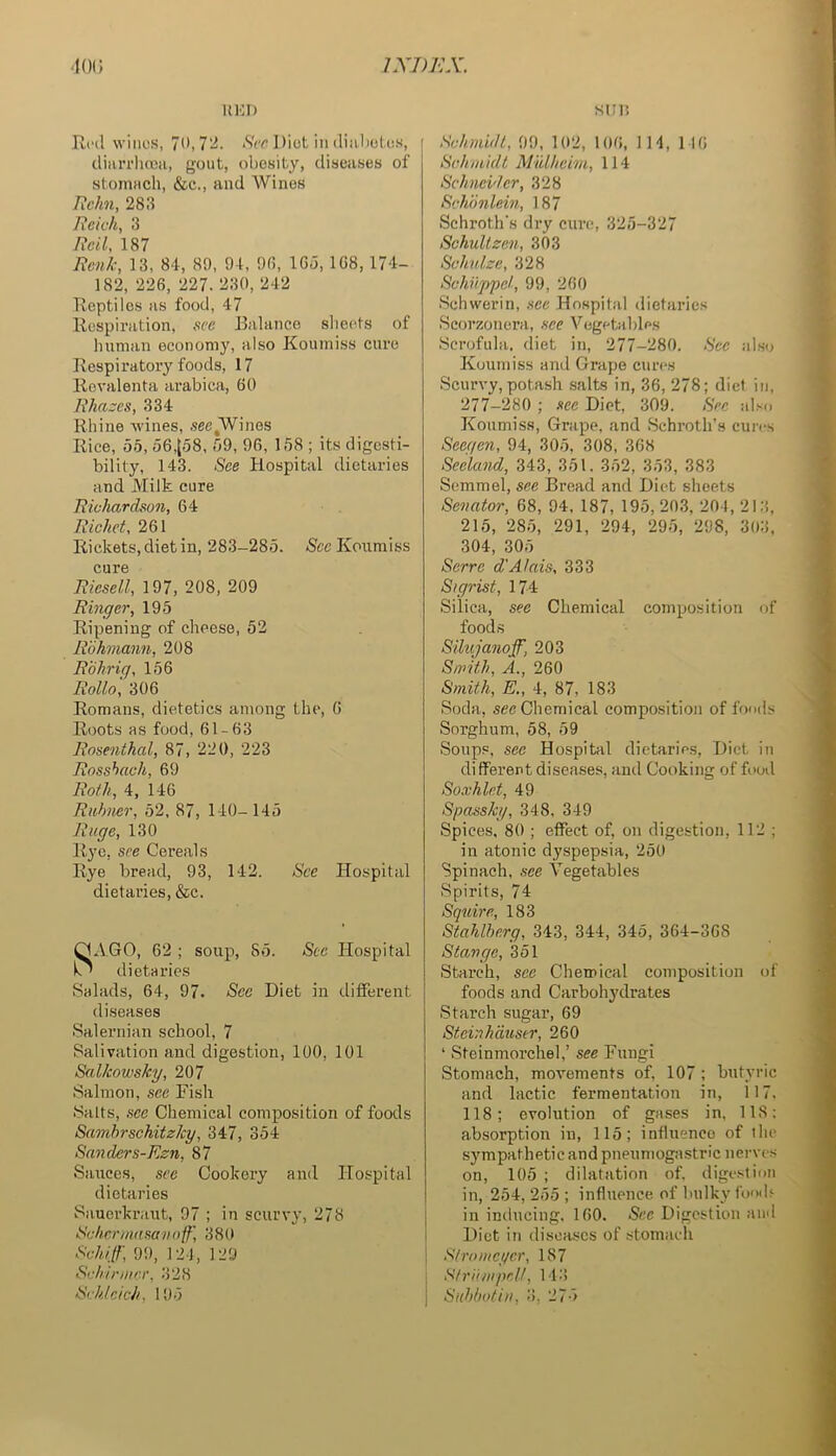 IIKI) Ivi'd wines, 70,72. .SVr Diet in (liiil)ol.os, diarrliren, gout, obesity, diseases of stomach, &c., and Wines Echn, 283 Reich, 3 Red, 187 Rcnk, 13, 84, 89, 94, 9(5, ICo, 1C8,174- 182, 226, 227. 230, 242 Tveptiles as food, 47 llespiration, sec Balance slieets of human economy, also Koumiss ciu’e Kespiratory foods, 17 Rovalenta arabica, 60 Rhazes, 334 Rhine wines, .9ee,Wines Rice, 55, 56,|58, 59, 96, 158 ; its digesti- bility, 143. See Hospital dietaries and Milk cure Richardson, 64 Richet, 261 Rickets, diet in, 283-285. See Koumiss cure Riesell, 197, 208, 209 Ringer, 195 Ripening of cheese, 52 Rbhmann, 208 Rbhrig, 156 Rollo, 306 Romans, dietetics among the, 6 Roots as food, 61-63 Rosenthal, 87, 220, 223 Rosshach, 69 Roth, 4, 146 Rnhner, 52, 87, 140-145 Ruge, 130 Rye, see Cereals Rye bread, 93, 142. See Hospital dietaries, &c. SAGO, 62 ; soup, 85. See Hospital dietaries Salads, 64, 97. See Diet in different diseases Salernian school, 7 Salivation and digestion, 100, 101 Salkowsky, 207 Salmon, see Fish Salts, .see Chemical composition of foods Samhrschitzky, 347, 354 Sanders-Ezn, 87 Sauces, see Cookery and Hospital dietaries Sauerkraut, 97 ; in scurvy, 278 idchenaasavoff, 380 Schiff, 99, 124, 129 Schinnrr, 328 idchlcich, 105 sm; Schmidt, 99, 102, 106, 1 14, 116 Schmidt Midheim, 114 Schneider, 328 Sehbnlein, 187 Schroth's dry euro, 325-327 SchuUzen, 303 Schulze, 328 Schiippel, 99, 260 Schwerin, .see Hospital dietaries Scorzoncra, see Vegetables Scrofula, diet in, 277-280. Sec also Koumiss and Grape cures Scurvy, potash .salts in, 36, 278; diet in, 277-280 ; see Diet, 309. Sec also Koumiss, Grape, and Schroth’s cures Scegen, 94, 305, 308, 368 Seeland, 343, 351. 352, 353, 383 Semmel, see Bread and Diet sheets Senator, 68, 94, 187, 195, 20.3, 201, 213, 215, 285, 291, 294, 295, 298, 303, 304, 305 Serve d'Alais, 333 Sigrist, 174 Silica, see Chemical composition of food.s Silujanoff, 203 Smith, A., 260 Smith, E., 4, 87, 183 Soda, see Chemical composition of foods Sorghum, 58, 59 Soups, see Hospital dietaries. Diet in different diseases, and Cooking of fowl Soxhle.t, 49 Spassky, 348, 349 Spices, 80 ; effect of, on digestion, 112 ; in atonic dyspepsia, 250 Spinach, see Vegetables Spirits, 74 Squire, 183 StaUherg, 343, 344, 345, 364-368 Stangc, 351 Starch, see Chemical composition of foods and Carbohydrates Starch sugar, 69 Steinhduser, 260 ‘ Steinmorchel,’ see Fungi Stomach, movements of, 107: butyric and lactic fermentation in, 117. 118; evolution of gases in, 118; absorption in, 115; influence of the sympathetic and pneumogastric nerves on, 105 ; dilatation of, digestion in, 254, 255 ; influence of bulky fo'sh I in inducing, 160. 5ec Digestion :iud j Diet in diseases of stomach I S/romeyer, 187 Striimpe.l/, 143 I Snhlwtiu, 3, 275