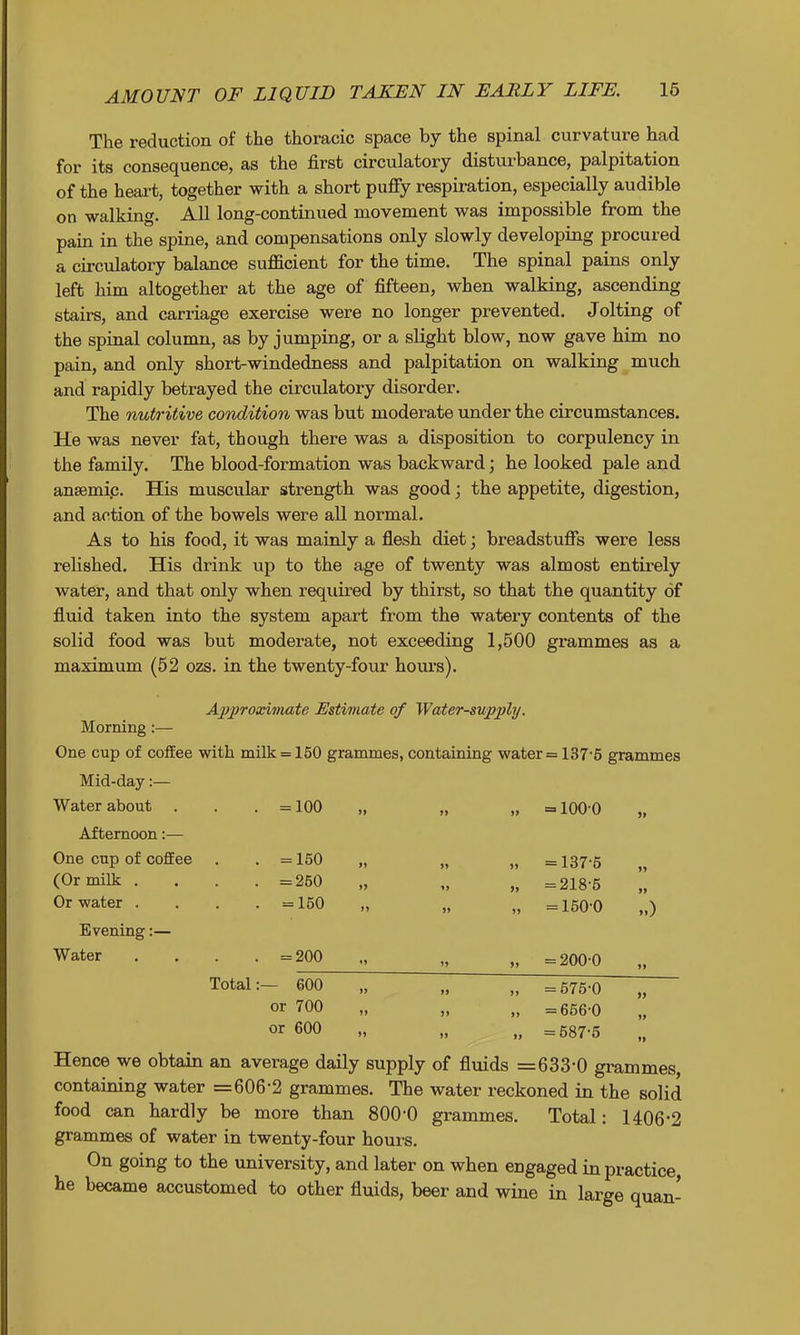 The reduction of the thoracic space by the spinal curvature had for its consequence, as the first circulatory disturbance, palpitation of the heart, together with a short pufiy respiration, especially audible on walking. All long-continued movement was impossible from the pain in the spine, and compensations only slowly developing procured a circulatory balance sufficient for the time. The spinal pains only left him altogether at the age of fifteen, when walking, ascending stairs, and carriage exercise were no longer prevented. Jolting of the spinal column, as by jumping, or a slight blow, now gave him no pain, and only short-windedness and palpitation on walking much and rapidly betrayed the circulatory disorder. The nutritive condition was but moderate under the circumstances. He was never fat, though there was a disposition to corpulency in the family. The blood-formation was backward; he looked pale and ansemic. His muscular strength was good; the appetite, digestion, and action of the bowels were all normal. As to his food, it was mainly a flesh diet; breadstuff's were less relished. His drink up to the age of twenty was almost entirely water, and that only when required by thirst, so that the quantity of fluid taken into the system apart from the watery contents of the solid food was but moderate, not exceeding 1,500 grammes as a maximum (52 ozs. in the twenty-four hours). Ajjjproximate Estimate of Water-supply. Morning:— One cup of coffee with milk = 150 grammes, containing water = 137-6 grammes Mid-day:— Water about . = 100 >> >> = 1000 Afternoon;— One cup of coffee . =150 „ = 137-6 (Or milk . . . =260 „ = 218-6 Or water . . =160 = 150-0 ») Evening:— Water . =200 »» » = 200-0 Total:— 600 „ = 676-0 or 700 „ >> )> = 666-0 or 600 „ = 687-5 Hence we obtain an average daily supply of fluids = 633'0 grammes. containing water =606’2 grammes. The water reckoned in the solid food can hardly be more than 800'0 grammes. Total: 1406-2 grammes of water in twenty-four hours. On going to the university, and later on when engaged in practice he became accustomed to other fluids, beer and wine in large quan-