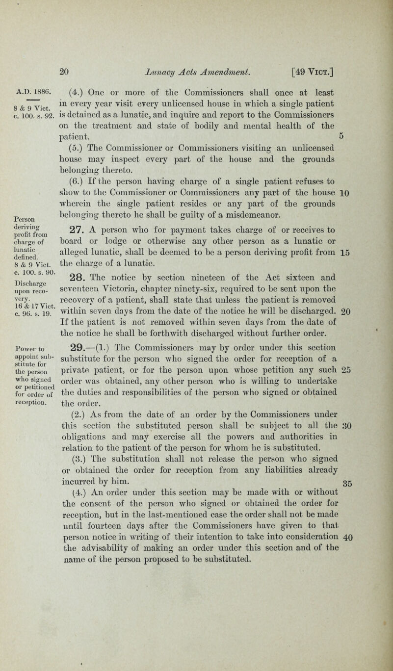 A.D. 1886. 8 & 9 Viet, c. 100. s. 92. Person deriving profit from charge of lunatic defined. S & 9 Vict. c. 100. s. 90. Discharge upon reco- very. 16 & 17 Vict. c. 96. s. 19. Power to appoint sub- stitute for the person who signed or petitioned for order of reception. (4.) One or more of tlie Commissioners shall once at least in every year visit every unlicensed house in which a single patient is detained as a lunatic, and inquire and report to the Commissioners on the treatment and state of bodily and mental health of the patient. 5 (5.) The Commissioner or Commissioners visiting an unlicensed house may inspect every part of the house and the grounds belonging thereto. (6.) If the person having charge of a single patient refuses to show to the Commissioner or Commissioners any part of the house 10 wherein the single patient resides or any part of tbe grounds belonging thereto he shall he guilty of a misdemeanor. 27. A person who for payment takes charge of or receives to hoard or lodge or otherwise any other person as a lunatic or alleged lunatic, shall be deemed to he a person deriving profit from 15 the charge of a lunatic. 28. The notice by section nineteen of the Act sixteen and seventeen Victoria, chapter ninety-six, required to be sent upon the recovery of a patient, shall state that unless the patient is removed within seven days from the date of the notice he will be discharged. 20 If the patient is not removed within seven days from the date of the notice he shall be forthwith discharged without further order. 29. —(1.) The Commissioners may by order under this section substitute for the person who signed the order for reception of a private patient, or for the person upon whose petition any such 25 order was obtained, any other person who is willing to undertake the duties and responsibilities of the person who signed or obtained the order. (2.) As from the date of an order by the Commissioners under this section the substituted person shall be subject to all the 30 obligations and may exercise all the powers and authorities in relation to the patient of the person for whom he is substituted. (3.) The substitution shall not release the person who signed or obtained the order for reception from any liabilities already incurred by him. 35 (4.) An order under this section may be made with or without the consent of the person who signed or obtained the order for reception, but in the last-mentioned case the order shall not be made until fourteen days after the Commissioners have given to that person notice in writing of their intention to take into consideration 40 the advisability of making an order under this section and of the name of the person proposed to be substituted.