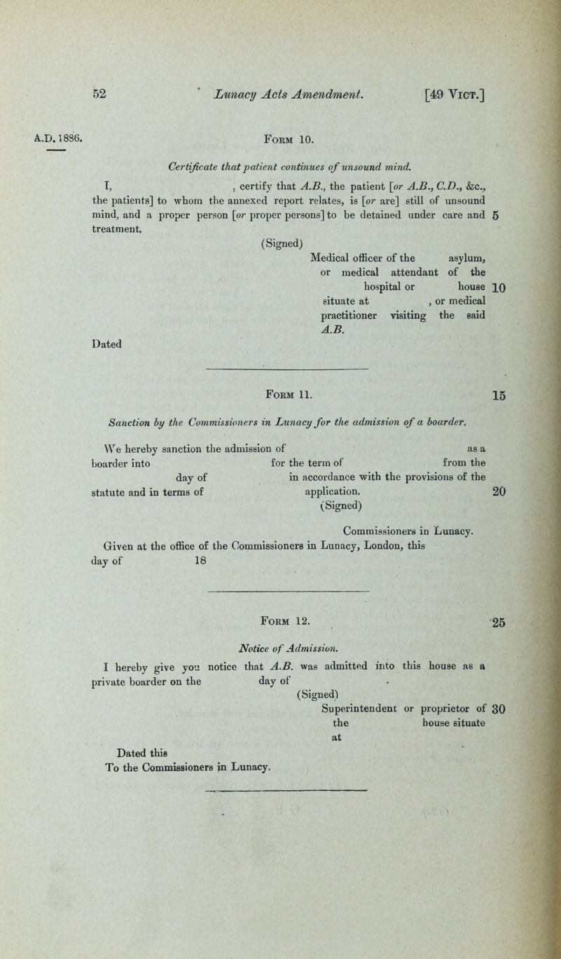 A..D. 1836. Fokm 10. Certificate that patient continues of unsound mind. I, , certify that A.B., the patient [or A.B., C.D., &c., the patients] to whom the annexed report relates, is [or are] still of unsound mind, and a proper person [or proper persons] to be detained under care and 5 treatment. (Signed) Medical officer of the asylum, or medical attendant of the hospital or house 10 situate at , or medical practitioner visiting the said A.B. Dated Form 11. 15 Sanction by the Commissioners in Lunacy for the admission of a boarder. YVe hereby sanction the admission of as a boarder into for the term of from the day of in accordance with the provisions of the statute and in terms of application. 20 (Signed) Commissioners in Lunacy. Given at the office of the Commissioners in Lunacy, London, this day of 18 Form 12. 25 Notice of Admission. I hereby give you notice that A.B. was admitted into this house as a private boarder on the day of (Signed) Superintendent or proprietor of 30 the house situate at Dated this To the Commissioners in Lunacy,