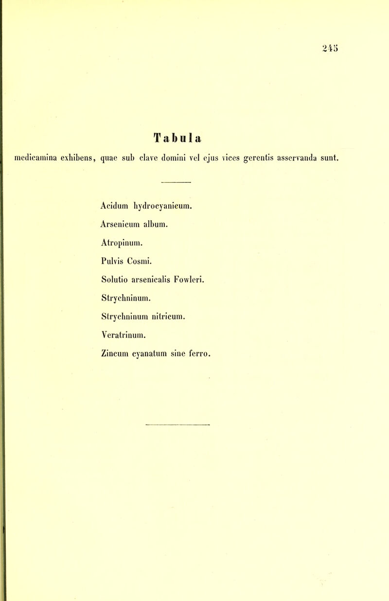 T «a b u 1 a medicamina exhibens, quae sub clave domini vel ejus vices gerentis asservanda sunt. Acidum hydrocyanicum. Arsenicum album. Atropinum. Pulvis Cosmi. Solutio arsenicalis Fowleri. Strychninum. Strychninum nitricum. Veratrinum. Zincum cyanatum sine ferro.