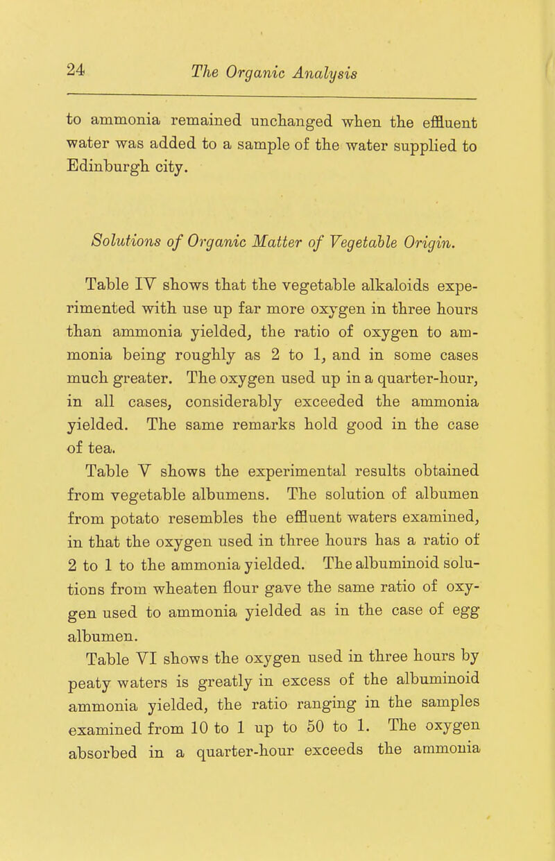 to ammonia remained unchanged when the effluent water was added to a sample of the water supplied to Edinburgh city. Solutions of Organic Matter of Vegetable Origin. Table IV shows that the vegetable alkaloids expe- rimented with use up far more oxygen in three hours than ammonia yielded, the ratio of oxygen to am- monia being roughly as 2 to 1, and in some cases much greater. The oxygen used up in a quarter-hour, in all cases, considerably exceeded the ammonia yielded. The same remarks hold good in the case of tea. Table V shows the experimental results obtained from vegetable albumens. The solution of albumen from potato resembles the effluent waters examined, in that the oxygen used in three hours has a ratio of 2 to 1 to the ammonia yielded. The albuminoid solu- tions from wheaten flour gave the same ratio of oxy- gen used to ammonia yielded as in the case of egg albumen. Table VI shows the oxygen used in three hours by peaty waters is greatly in excess of the albuminoid ammonia yielded, the ratio ranging in the samples examined from 10 to 1 up to 50 to 1. The oxygen absorbed in a quarter-hour exceeds the ammonia