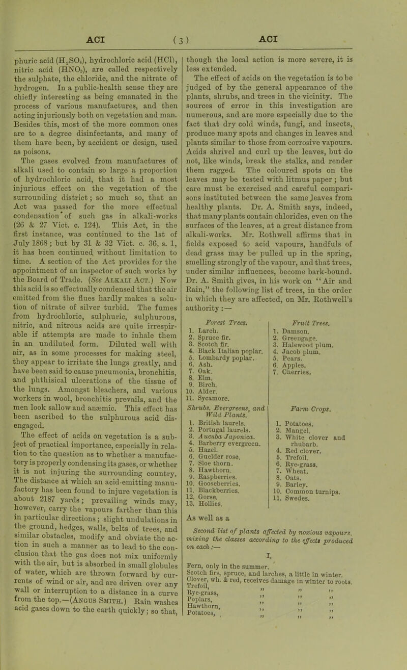 phuric acid (H„SO<), hydrochloric acid (HC1), nitric acid (HN03), are called respectively the sulphate, the chloride, and the nitrate of hydrogen. In a public-health sense they are chiefly interesting as being emanated in the process of various manufactures, and then acting injuriously both on vegetation and man. Besides this, most of the more common ones are to a degree disinfectants, and many of them have been, by accident or design, used as poisons. The gases evolved from manufactures of alkali used to contain so large a proportion of hydrochloric acid, that it had a most injurious effect on the vegetation of the surrounding district; so much so, that an Act was passed for the more effectual condensation * of such gas in alkali-works (26 & 27 Viet. c. 124). This Act, in the first instance, was continued to the 1st of July 1868; but by 31 & 32 Viet. c. 36, s. 1, it has been continued without limitation to time. A section of the Act provides for the appointment of an inspector of such works by the Board of Trade. (See Alkali Act.) Now this acid is so effectually condensed that the air emitted from the flues hardly makes a solu- tion of nitrate of silver turbid. The fumes from hydrochloric, sulphuric, sulphurous, nitric, and nitrous acids are quite irrespir- able if attempts are made to inhale them in an undiluted form. Diluted well with air, as in some processes for making steel, they appear to irritate the lungs greatly, and have been said to cause pneumonia, bronchitis, and phthisical ulcerations of the tissue of the lungs. Amongst bleachers, and various workers in wool, bronchitis prevails, and the men look sallow and anaimic. This effect has been ascribed to the sulphurous acid dis- engaged. The effect of acids on vegetation is a sub- ject of practical importance, especially in rela- tion to the question as to whether a manufac- tory is properly condensing its gases, or whether it is not injuring the surrounding country. The distance at which an acid-emitting manu- factory has been found to injure vegetation is about 2187 yards; prevailing winds may, however, carry the vapours farther than this in particular directions; slight undulations in the ground, hedges, walls, belts of trees, and similar obstacles, modify and obviate the ac- tion in such a manner as to lead to the con- clusion that the gas does not mix uniformly with the air, but is absorbed in small globules of water, which are thrown forward by cur- rents of wind or air, aud are driven over any wall or interruption to a distance in a curve from the top.—(Angus Smith.) Rain washes acid gases down to the earth quickly; so that, though the local action is more severe, it is less extended. The effect of acids on the vegetation is to be judged of by the general appearance of the plants, shrubs, and trees in the vicinity. The sources of error in this investigation are numerous, and are more especially due to the fact that dry cold winds, fungi, and insects, produce many spots and changes in leaves and plants similar to those from corrosive vapours. Acids shrivel and curl up the leaves, but do not, like winds, break the stalks, and render them ragged. The coloured spots on the leaves may be tested with litmus paper; but care must be exercised and careful compari- sons instituted between the same leaves from healthy plants. Dr. A. Smith says, indeed, that many plants contain chlorides, even on the surfaces of the leaves, at a great distance from alkali-works. Mr. Rothwell affirms that in fields exposed to acid vapours, handfuls of dead grass may be pulled up in the spring, smelling strongly of the vapour, and that trees, under similar influences, become bark-bound. Dr. A. Smith gives, in his work on “Air and Rain,” the following list of trees, in the order in which they are affected, on Mr. Rothwell’s authority: — Forest Trees. 1. Larch. 2. Spruce fir. 3. Scotch fir. 4. Iilack Italian poplar. 5. Lombardy poplar. 6. Ash. 7. Oak. 8. Elm. 9. Birch. 10. Alder. 11. Sycamore. Shrubs, Evergreens, and }Vild Plants. 1. British laurels. 2. Portugal laurels. 3. A ucuba Japonica. 4. Barberry evergreen. 5. Hazel. 6. Guelder rose. 7. Sloe thorn. 8. Hawthorn. 9. Raspberries. 10. Gooseberries. 11. Blackberries. 12. Gorse. 13. Hollies. Fruit Trees. 1. Damson. 2. Greengage. 3. Ilulewood plum. 4. Jacob plum. 5. Pears. 6. Apples. 7. Cherries. Farm Crops. 1. Potatoes. 2. Mangel. 3. White clover and rhubarb. 4. Red clover. 5. Trefoil. 6. Rye-grass. 7. Wheat. 8. Oats. 9. Barley. 10. Common turnips. 11. Swedes. As well as a Second list of plants affected by noxious vapours, mixing the classes according to the effects produced on each:— I. Fern, only in the summer. Scotch firs, spruce, and larches, a little in winter. Clover, wli. & red, receives damage in winter to roots 1 refoil, Rye-grass, Poplars, ” ” ” Hawthorn, ” ” Potatoes, ” ” ”