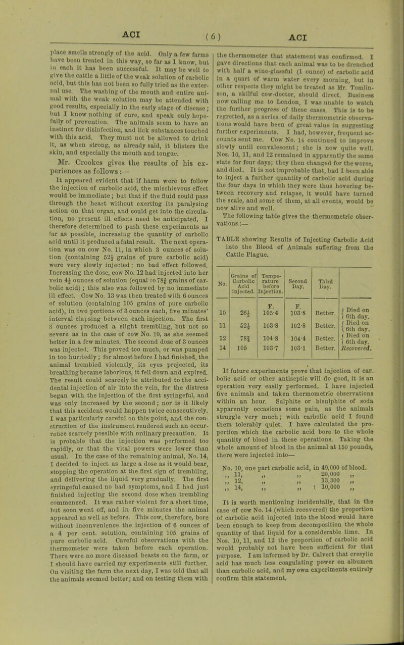 l'laoe smells strongly of the acid. Only a few farms have been treuted in this way, so far as 1 know, hut in each it has been successful. It may be well to give the cattle a little of the weak solution of carbolic acid, but this has not been so fully tried as the exter- nal use. The washing of the mouth and entire ani- mal with the weak solution may be attended with good results, especially in the early stage of disease; hut I know nothing of cure, and speak only hope- fully of prevention. The animals seem to have an instinct for disinfection, and lick substances touched with this acid. They must not be allowed to drink it, as when strong, as already said, it blisters the skin, and especially the mouth and tongue. Mr. Crookes gives the results of his ex- periences as follows:— It appeared evident that if harm were to follow the injection of carbolic acid, the mischievous effect would be immediate ; but that if the fluid could pass through the heart without exerting its paralysing action on that organ, and could get into the circula- tion, no present ill effects need be anticipated, I therefore determined to push these experiments as far as possible, increasing the quantity of carbolic acid until it produced a fatal result. The next opera- tion was on cow No. 11, in which 3 ounces of solu- tion (containing 521 grains of pure carbolic acid) were very slowly injected: no bad effect followed. Increasing the dose, cow No. 12 had injected into her vein 4J ounces of solution (equal to 78| grains of car- bolic acid); this also was followed by no immediate ill effect. Cow No. 13 was then treated with 6 ounces of solution (containing 105 grains of pure carbolic acid), in two portions of 3 ounces each, five minutes’ interval elapsing between each injection. The first 3 ounces produced a slight trembling, but not so severe as in the case of cow No. 10, as she seemed better in a few minutes. The second dose of 3 ounces was injected. This proved too much, or was pumped in too hurriedly; for almost before I had finished, the animal trembled violently, its eyes projected, its breathing became laborious, it fell down and expired. The result could scarcely be attributed to the acci- dental injection of air into the vein, for the distress began with the injection of the first syringeful, and was only increased by the second; nor is it likely that this accident would happen twice consecutively. I was particularly careful on this point, and the con- struction of the instrument rendered such an occur- rence scarcely possible with ordinary precaution. It is probable that the injection was performed too rapidly, or that the vital powers were lower than usual. In the case of the remaining animal, No. 14. I decided to inject as large a dose as it would bear, stopping the operation at the first sign of trembling, and delivering the liquid very gradually. The first syringeful caused no bad symptoms, and I had just finished injecting the second dose when trembling commenced. It was rather violent for a short time, but soon went off, and in five minutes the animal appeared as well as before. This cow, therefore, bore without inconvenience the injection of 6 ounces of a 4 per cent, solution, containing 105 grains of pure carbolic acid. Careful observations with the thermometer were taken before each operation. There were no more diseased beasts on the farm, or I should have carried my experiments still further. On visiting the farm the next day, I was told that all the animals seemed better; and on testing them with the thermometer that statement was confirmed. I gave directions that each animal was to be drenched with half a wine-glassful (1 ounce) of carbolic acid in a quart of warm water every morning, but in other respects they might be treated as Mr. Tomlin- son, a skilful cow-doctor, should direct. Business now calling mo to London, I was unable to watch the further progress of these cases. This is to be regretted, as a series of daily thermometric observa- tions would have been of great value in suggesting further experiments. I had, however, frequent ac- counts sent me. Cow No. 14 continued to improve slowly until convalescent; she is now quite well. Nos. 10, 11, and 12 remained in apparently the same state for four days; they then changed for the worse, and died. It is not improbable that, had I been able to inject a further quantity of carbolic acid during the four days in which they were thus hovering be- tween recovery and relapse, it would have turned the scale, and some of them, at all events, would be now alive and well. The following table gives the thcrmometric obser- vations :— T ABLE showing Results of Injecting Carbolic Acid into the Blood of Animals suffering from the Cattle Plague. Grains of Tempe- No. Carbolic ruture Second Third Acid beforo Day. Day. injected. Injection. 10 26J F. 105-4 F. 103-8 Better. J Died on i 6th day. 11 521 103-8 102-8 Better. ( Died on t 6th day. 12 78J 104-8 104-4 Better. | Died on ) 6th day. 14 105 103-7 103-1 Better. Recovered. If future experiments prove that injection of car. bolic acid or other antiseptic will do good, it is an operation very easily performed. I have injected five animals and taken thermometric observations within an hour. Sulphite or bisulphite of soda apparently occasions some pain, as the animals struggle very much; with carbolic acid I found them tolerably quiet. I have calculated the pro- portion which the carbolic acid bore to the whole quantity of blood in these operations. Taking the whole amount of blood in the animal at 150 pounds, there were injected into— No. 10 one part carbolic acid, in 40,000 of blood. „ 11, „ „ 20,000 „ „ 12, „ „ 13,300 „ .. 14. .. .. ! 10.000 .. It is worth mentioning incidentally, that in the case of cow No. 14 (which recovered) the proportion of carbolic acid injected into the blood would have been enough to keep from decomposition the whole quantity of that liquid for a considerable time. In Nos. 10,11, and 12 the proportion of carbolic acid would probably not have been sufficient for that purpose. I am informed by Dr. Calvert that cresylic acid has much less coagulating power on albumen than carbolic acid, and my own experiments entirely confirm this statement.