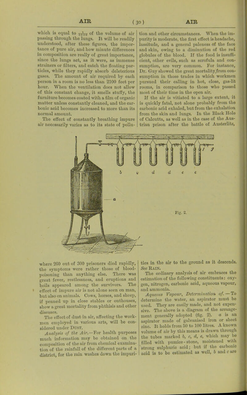 which is equal to j-dVir of the volume of air passing through the lungs. It will be readily understood, after these figures, tho impor- tance of pure air, and how minute differences in composition are really of great importance, sinco the lungs act, as it were, as immense strainers or filters, and catch tho floating par- ticles, while they rapidly absorb deleterious gases. The amount of air required by oach person in a room is no less than 2100 feet per hour. When the ventilation does not allow of this constant change, it smells stuffy, the furniture becomes coated with a film of organic matter unless constantly cleaned, and the car- bonic acid becomes increased to more than its normal amount. The effect of constantly breathing impure air necessarily varies as to its state of pollu- tion and other circumstances. When the im- purity is moderate, tho first effect is headache, lassitude, and a general paleness of the face and skin, owing to a diminution of the red globules of the blood. If the food is insuffi- cient, other evils, such as scrofula and con- sumption, are very common. For instance, Dr. Guy showed the great mortality.from con- sumption in those trades in which workmen pursued their calling in hot, close, gas-lit rooms, in comparison to those who passed most of their time in the open air. If the air is vitiated to a large extent, it is quickly fatal, not alone probably from the carbonic acid exhaled, but from the exhalation from the skin and lungs. In the Black Hole of Calcutta, as well as in the case of the Aus- trian prison after the battle of Austerlitz, where 260 out of 300 prisoners died rapidly, the symptoms were rather those of blood- poisoning than anything else. There was great fever, restlessness, and eruptions and boils appeared among the survivors. The 1 effect of impure air is not alone seen on man, but also on animals. Cows, horses, and sheep, if penned up in close stables or outhouses, show a great mortality from phthisis and other diseases. The effect of dust in air, affecting the work- men employed in various arts, will be con- sidered under Dust. Analysis of the Air.—For health purposes much information may bo obtained on the composition of the air from chemical examina- tion of the rainfall of the different parts of a district, for the rain washes down the impuri- ties in the air to the ground as it descends. See Kain. The ordinary analysis of air embraces the estimation of the following constituents: oxy- gen, nitrogen, carbonic acid, aqueous vapour, and ammonia. Aqueous Vapour, Determination of. — To determine the water, an aspirator must be used. They are easily made, and not expen- sive. The above is a diagram of the arrange- ment generally adopted (fig. 2). a is an aspirator made of galvanised iron or sheet zinc. It holds from 50 to 100 litres. A known volume of air by this means is drawn through the tubes marked b, c, d, e, which may bo filled with pumice-stone, moistened with strong sulphuric acid; but if the carbonic acid is to be estimated as well, b and c are