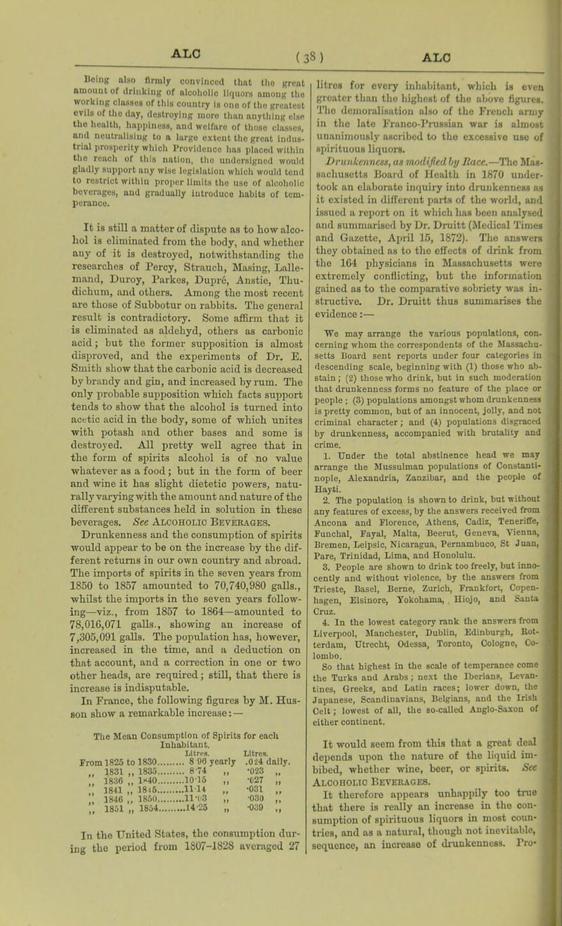 Being also firmly convinced that the great amount of drinking of alcoholic liquors among the working classes of this country is one of tho greatest evils of the day, destroying more than anything else tlio health, happiness, and welfare of those classes, and neutralising to a large extent the great indus- trial prosperity which Providence has placed within the reach of this nation, tho undersigned would gladly support any wise legislation which would tend to restrict within proper limits the use of alcoholic beverages, and gradually Introduce habits of tem- perance. It is still a matter of dispute as to liow alco- hol is eliminated from the body, and whether auy of it is destroyed, notwithstanding the researches of Percy, Strauch, Masing, Lalle- inand, Duroy, Parkes, Dupre, Anstie, Thu- diclium, and others. Among the most recent are those of Subbotur on rabbits. The general result is contradictory. Some affirm that it is eliminated as aldehyd, others as carbonic acid; but the former supposition is almost disproved, and the experiments of Dr. E. Smith show that the carbonic acid is decreased by brandy and gin, and increased by rum. The only probable supposition which facts support tends to show that the alcohol is turned into acetic acid in the body, some of which unites with potash and other bases and some is destroyed. All pretty well agree that in the form of spirits alcohol is of no value whatever as a food; but in the form of beer and wine it has slight dietetic powers, natu- rally varying with the amount and nature of the different substances held in solution in these beverages. See Alcoholic Beverages. Drunkenness and the consumption of spirits would appear to be on the increase by the dif- ferent returns in our own country and abroad. The imports of spirits in the seven years from 1850 to 1857 amounted to 70,740,980 galls., whilst the imports in the seven years follow- ing—viz., from 1857 to 1864—amounted to 78,016,071 galls., showing an increase of 7,305,091 galls. The population has, however, increased in the time, and a deduction on that account, and a correction in one or two other heads, are required; still, that there is increase is indisputable. In Prance, the following figures by M. Hus- son show a remarkable increase: — The Mean Consumption of Spirits for each Inhabitant. Litres. Litres. From 1825 to 1830 8 90 yearly „ 1831 „ 1835 8-74 „ „ 1836 „ 1*40 1015 „ , 1841 „ 1815 1114 „ „ 1846 „ 1850 11-03 „ „ 1851 „ 1854 14-25 „ .024 daily. •023 •027 •031 030 If •0.39 ,, In the United States, the consumption dur- ing the period from 1807-1828 averaged 27 litres for every inhabitant, which is even greater than the highest of the above figures. The demoralisation also of the French army in tho late Franco-Prussian war is almost unanimously ascribed to the excessive use of spirituous liquors. Drunkenness, us modified by Dace.—The Mas- sachusetts Board of Health in 1870 under- took an elaborate inquiry into drunkenness as it existed in different parts of the world, and issued a report on it which has been analysed and summarised by Dr. Druitt (Medical Times and Gazette, April 15, 1872). The answers they obtained as to the effects of drink from the 164 physicians in Massachusetts were extremely conflicting, but the information gained as to the comparative sobriety was in- structive. Dr. Druitt thus summarises the evidence:— We may arrange the various populations, con- cerning whom the correspondents of the Massachu- setts Board sent reports under four categories in descending scale, beginning with (1) those who ab- stain ; (2) those who drink, but in such moderation that drunkenness forms no feature of the place or people ; (3) populations amongst whom drunkenness is pretty common, but of an innocent, jolly, and not criminal character; and (4) populations disgraced by drunkenness, accompanied with brutality and crime. 1. Under the total abstinence head we may arrange the Mussulman populations of Constanti- nople, Alexandria, Zanzibar, and the people of Hayti. 2. The population is shown to drink, but without any features of excess, by the answers received from Ancona and Florence, Athens, Cadiz, Teneriffe, Funchal, Eayal, Malta, Beerut, Geneva, Vienna, Bremen, Leipsic, Nicaragua, Pernambuco, St Juan, Pare, Trinidad, Lima, and Honolulu. 3. People are shown to drink too freely, but inno- cently and without violence, by the answers from Trieste, Basel, Berne, Zurich, Frankfort, Copen- hagen, Elsinore, Yokohama, Hiojo, and Santa Cruz. 4. In the lowest category rank the answers from Liverpool, Manchester, Dublin, Edinburgh, Rot- terdam, Utrecht, Odessa, Toronto, Cologne, Co- lombo. So that highest in the scale of temperance come the Turks and Arabs; next the Iberians, Levan- tines, Greeks, and Latin races; lower down, the Japanese, Scandinavians, Belgians, and the Irish Celt; lowest of all, the so-called Anglo-Saxon of either continent. It would seem from tbis that a great deal depends upon the nature of the liquid im- bibed, whether wine, beer, or spirits. See Alcoholic Beverages. It therefore appears unhappily too true that there is really an increase in the con- sumption of spirituous liquors in most coun- tries, and as a natural, though not inevitable, sequence, an increase of drunkenness. Pro-